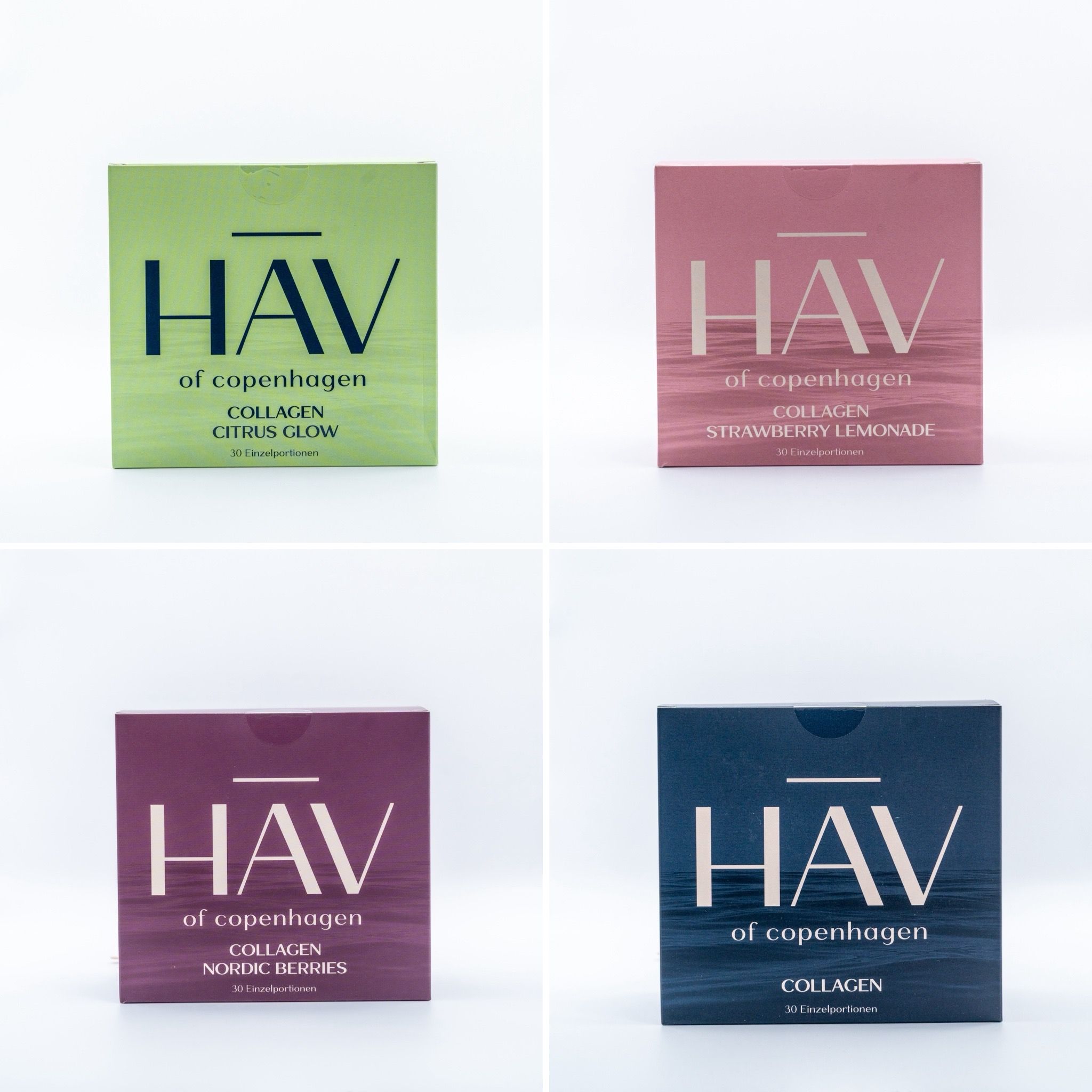 Vier Kartons mit HAV Collagen. Verschiedene Geschmacksrichtungen: Citrus Glow, Strawberry Lemonade, Nordic Berries, Collagen.