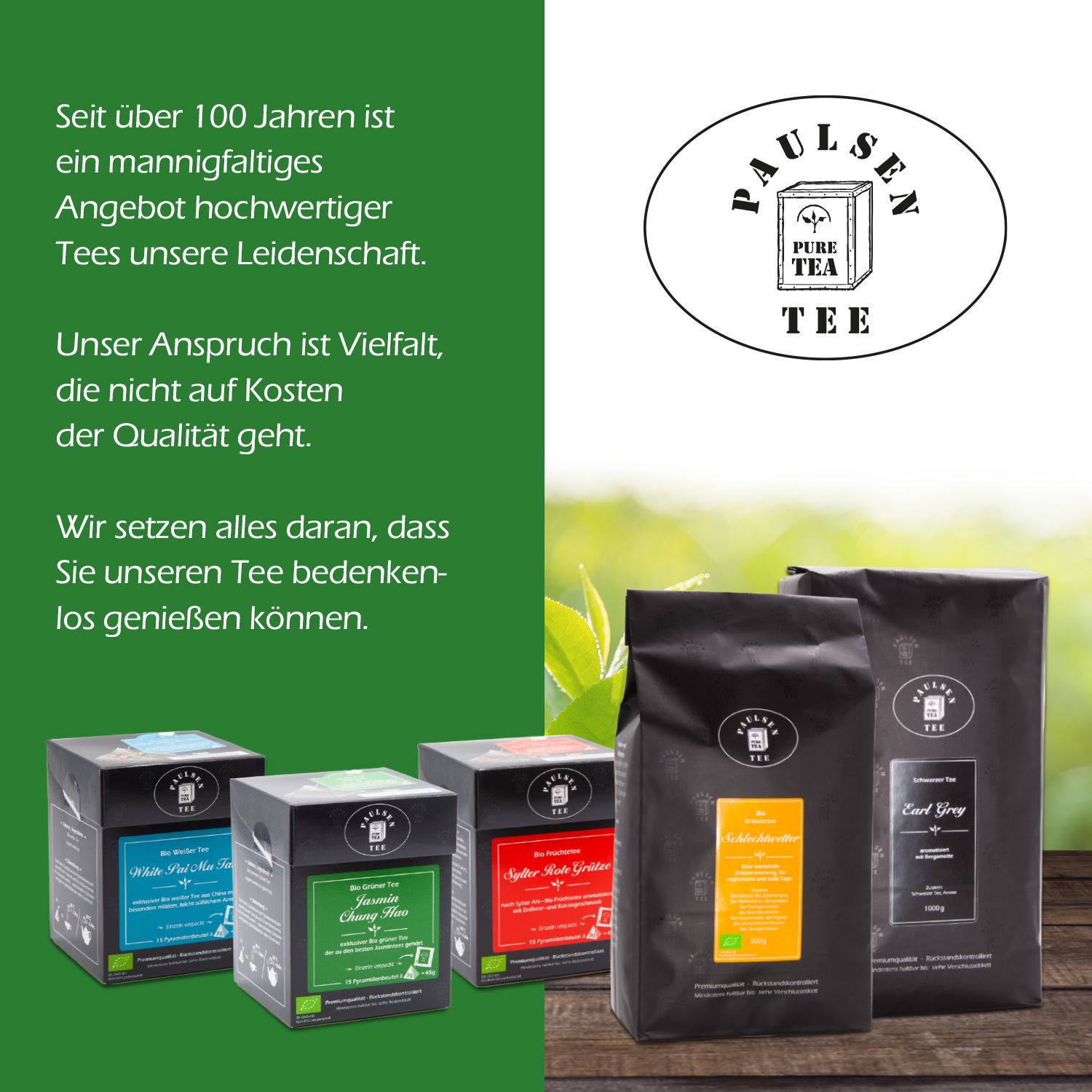 Verschiedene Tee-Verpackungen und Teebeutel. Aufschrift: Paulsen Tee. Verschiedene Teesorten.