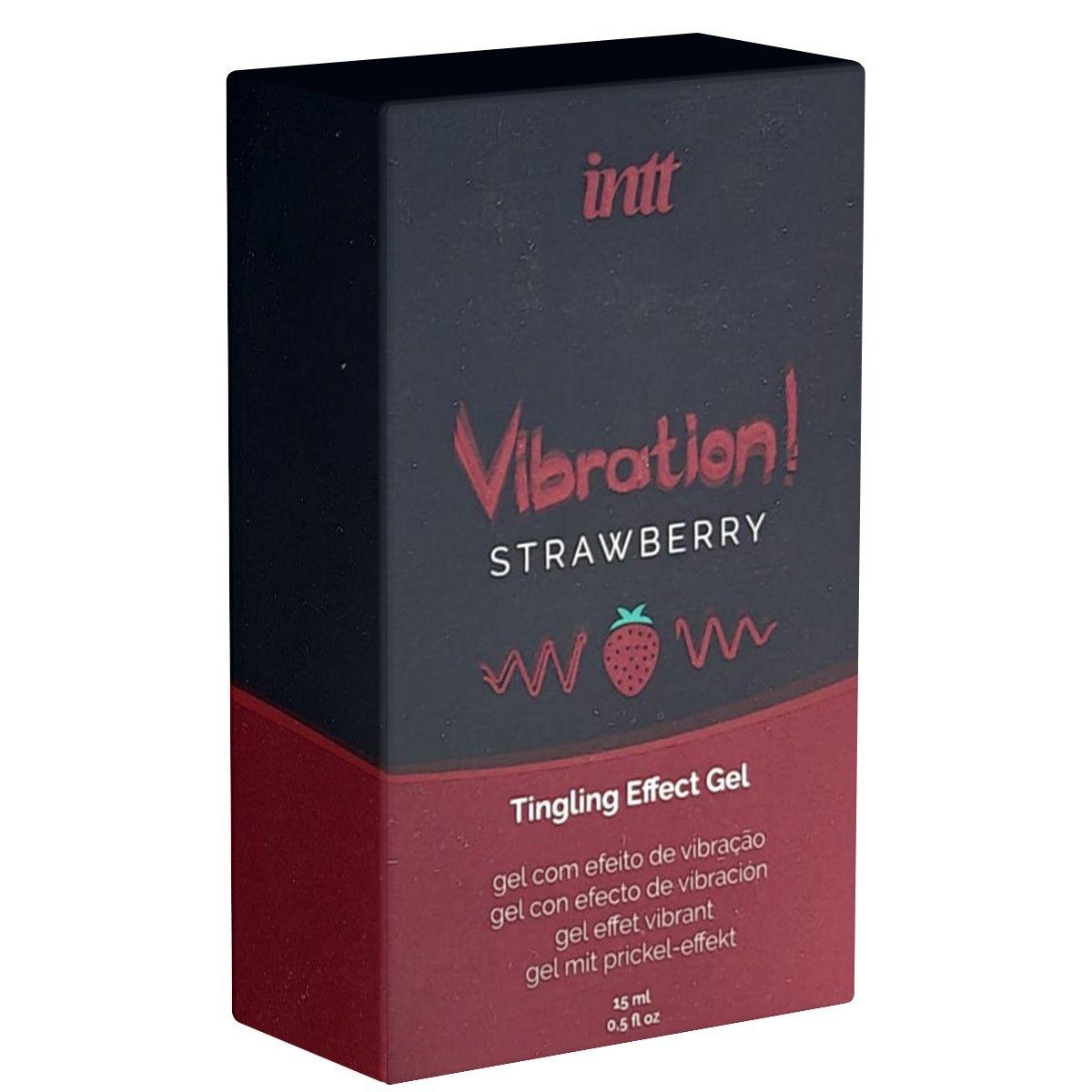 Schwarze Verpackung mit roter Schrift. Aufschrift: Vibration! Strawberry, Tingling Effect Gel. Erdbeer-Illustration.