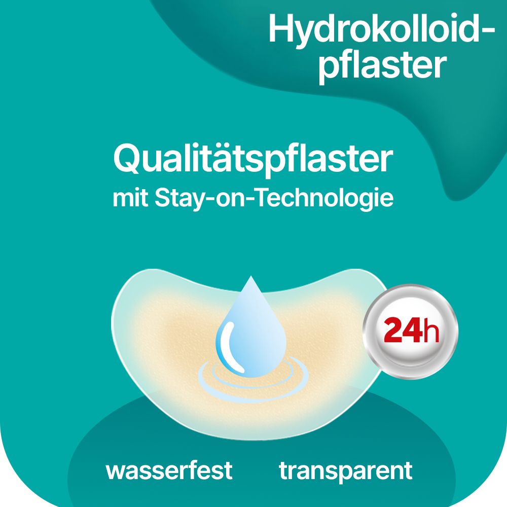 Hydrokolloid-Pflaster. Tropfen-Symbol, 24h-Symbol. Text: wasserfest, transparent, Qualitätspflaster mit Stay-on-Technologie.