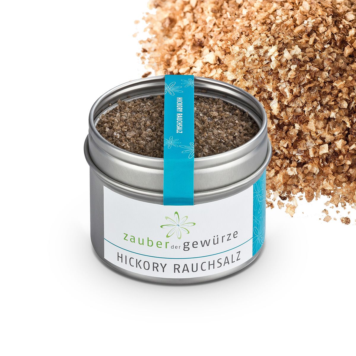 Metallbehälter mit Hickory Rauchsalz und Streuung. Türkisfarbenes Band mit Text. Produktname und Logo auf dem Etikett.