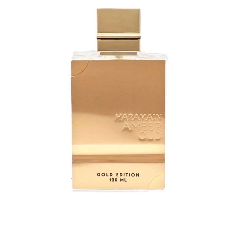 Goldfarbene Parfumflasche. Aufschrift: Al Haramain, Amber Oud Gold Edition, 120 ml.