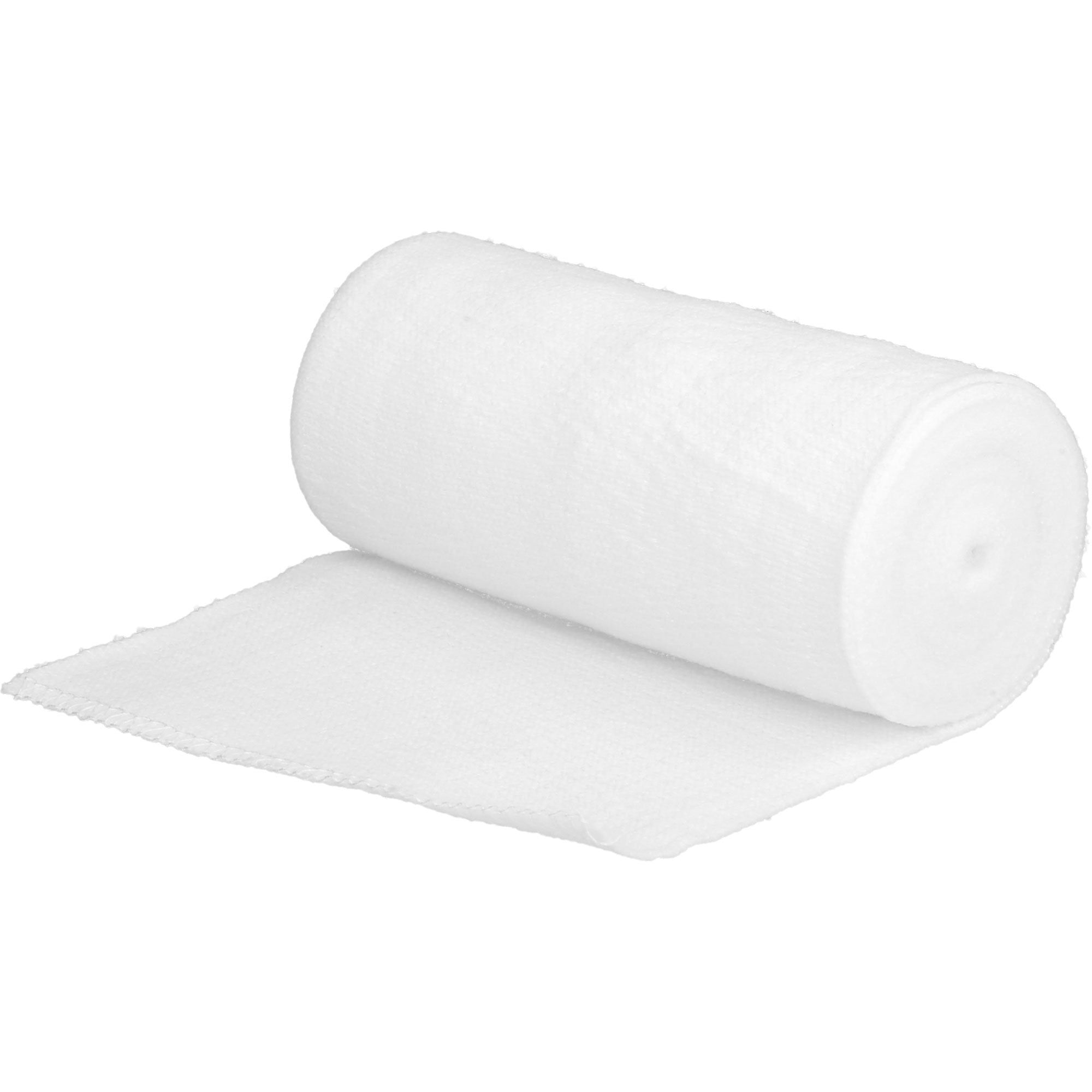 Ausgerollte, weiße Verbandrolle. Gewebte Struktur. Liegt auf einer Oberfläche.