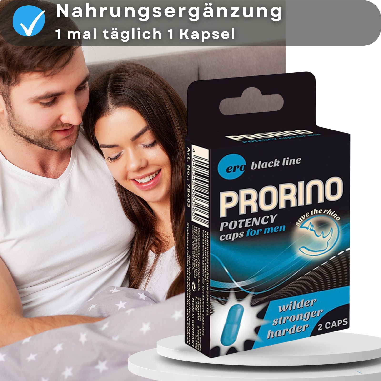 Prorino Kapseln für den Mann. Verpackung und blaue Kapseln. Text: Nahrungsergänzung, 1 Kapsel täglich.