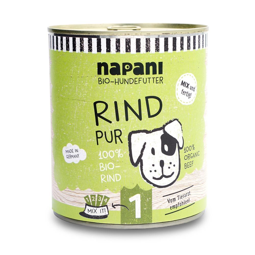 Grüne Dose mit "napani Bio-Hundefutter Rind pur". Hund-Illustration. Text: 100% Bio-Rind, 100% Organic Beef. "Mix it!"