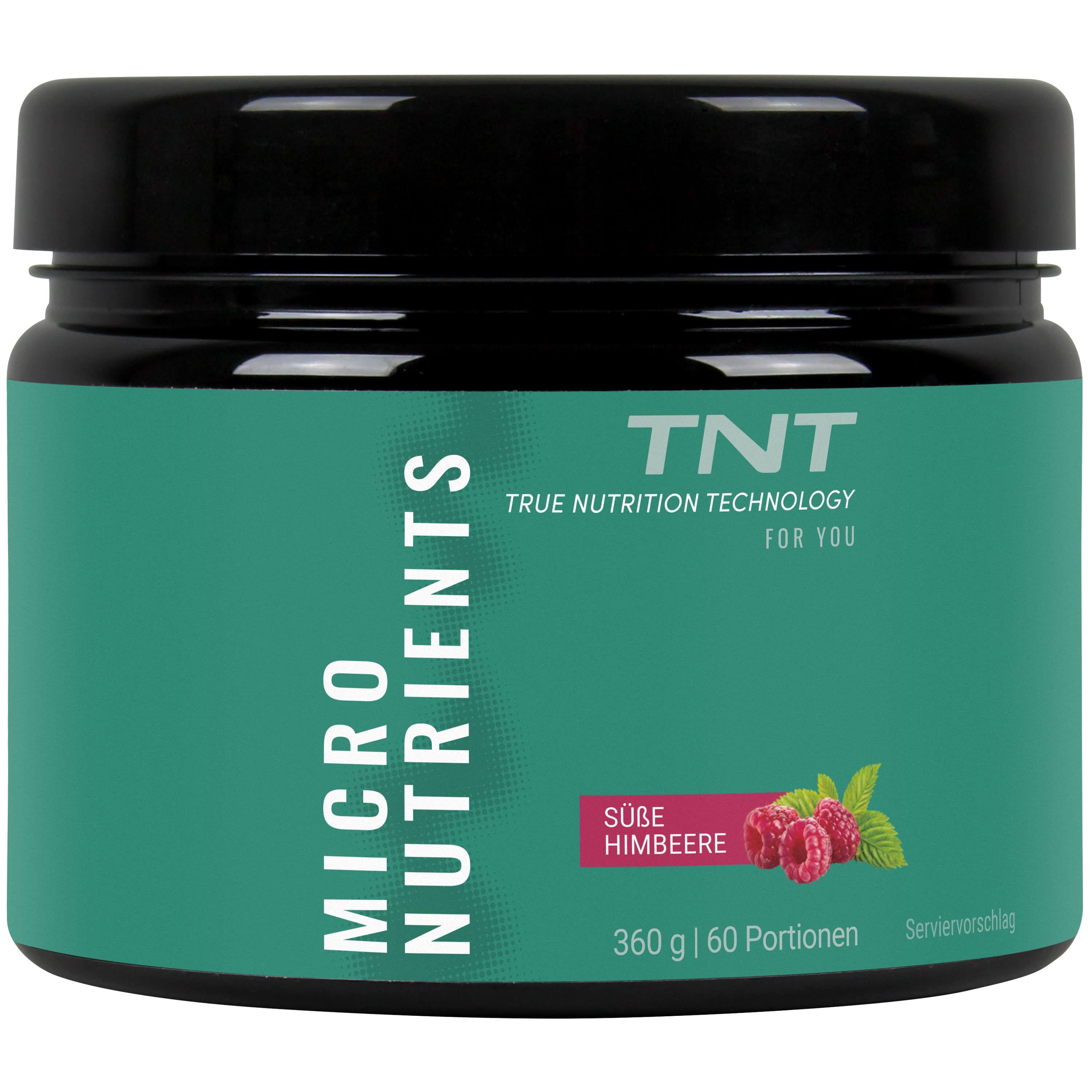 Dose mit TNT Micronutrients. Grün-weiße Etikett mit Produktnamen und Himbeer-Abbildung. Schwarzer Deckel.