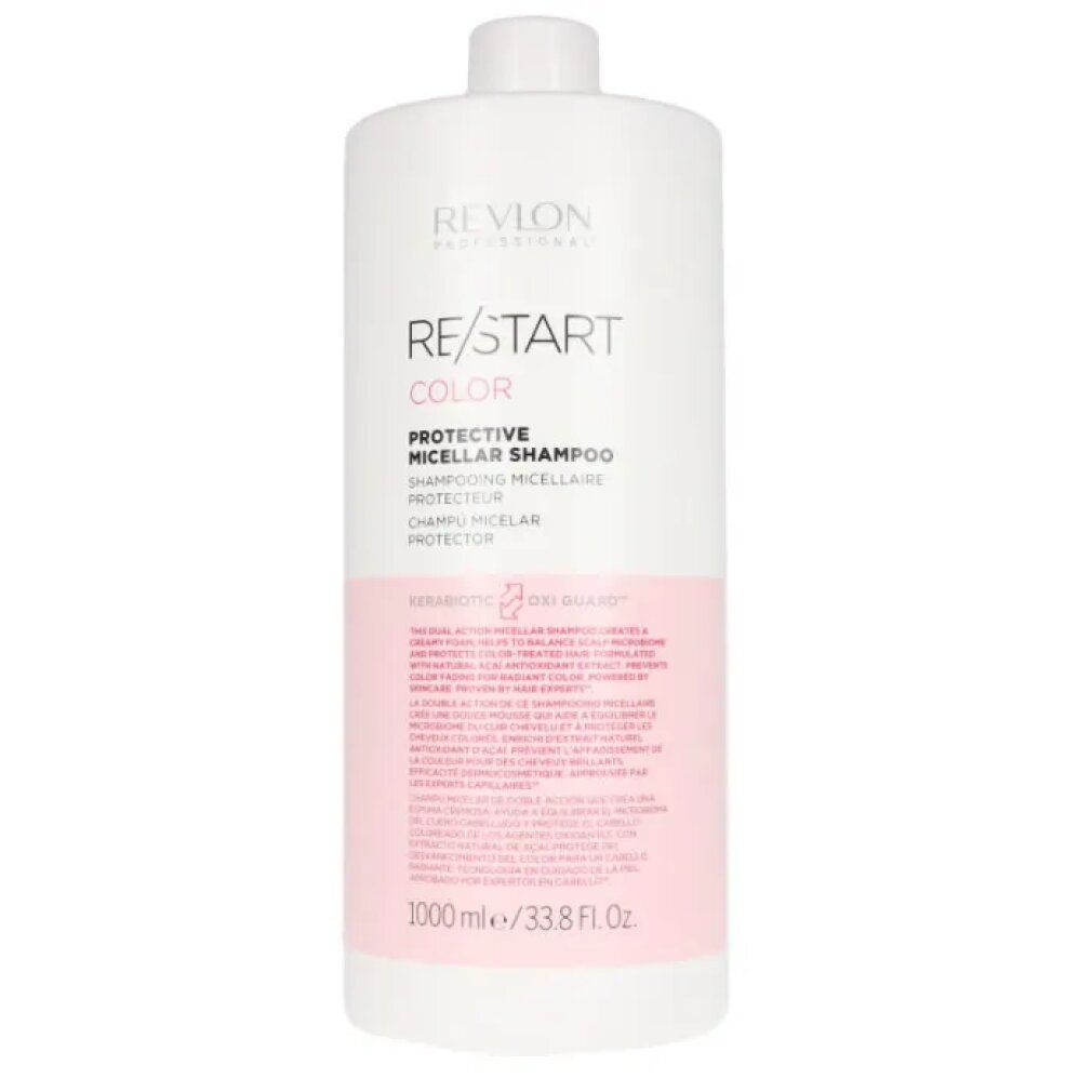 Weißer Shampoo-Behälter mit rosa Etikett. Aufschrift: Revlon, Re/Start Color, Protective Micellar Shampoo. 1000ml/33.8 fl oz.