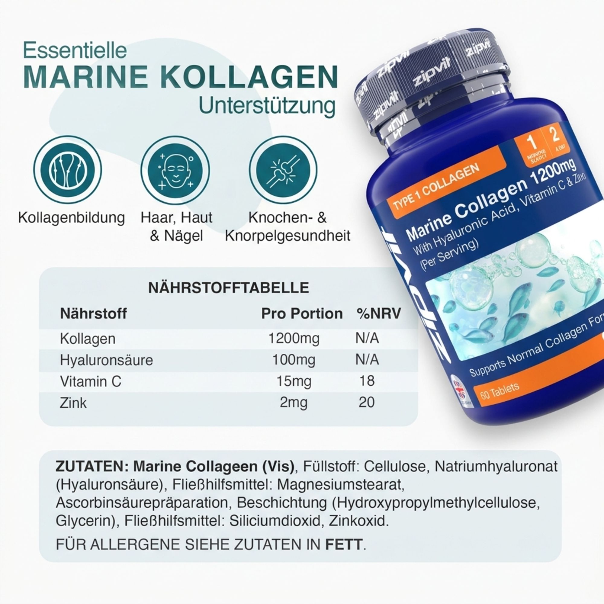 Flasche mit Tabletten. Text: Marine Collagen 1200mg. Nährwerttabelle. Zutatenliste. Text: Für Allergene siehe Zutaten in FETT.