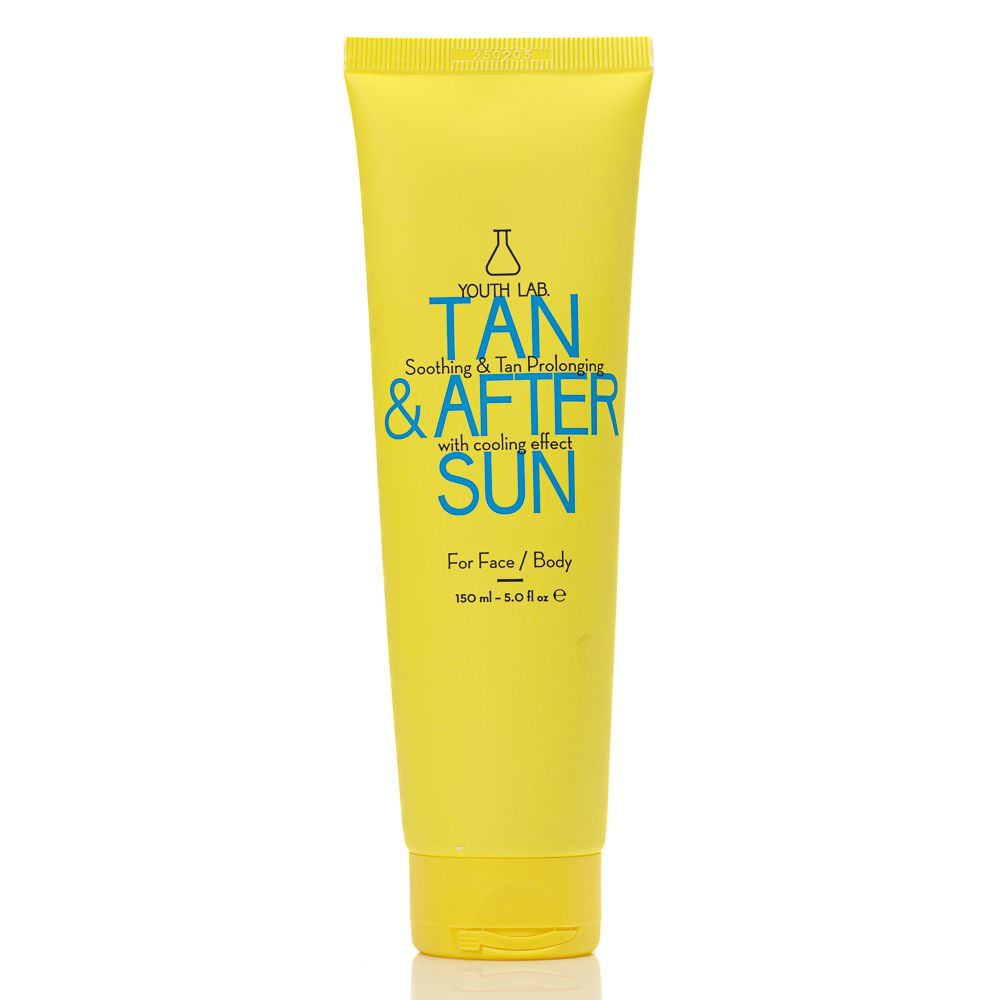 Gelbe Tube mit blauer Aufschrift. Text: YOUTH LAB TAN & AFTER SUN. Für Gesicht/Körper. Kühlender Effekt. Produktname und Marke sind sichtbar.