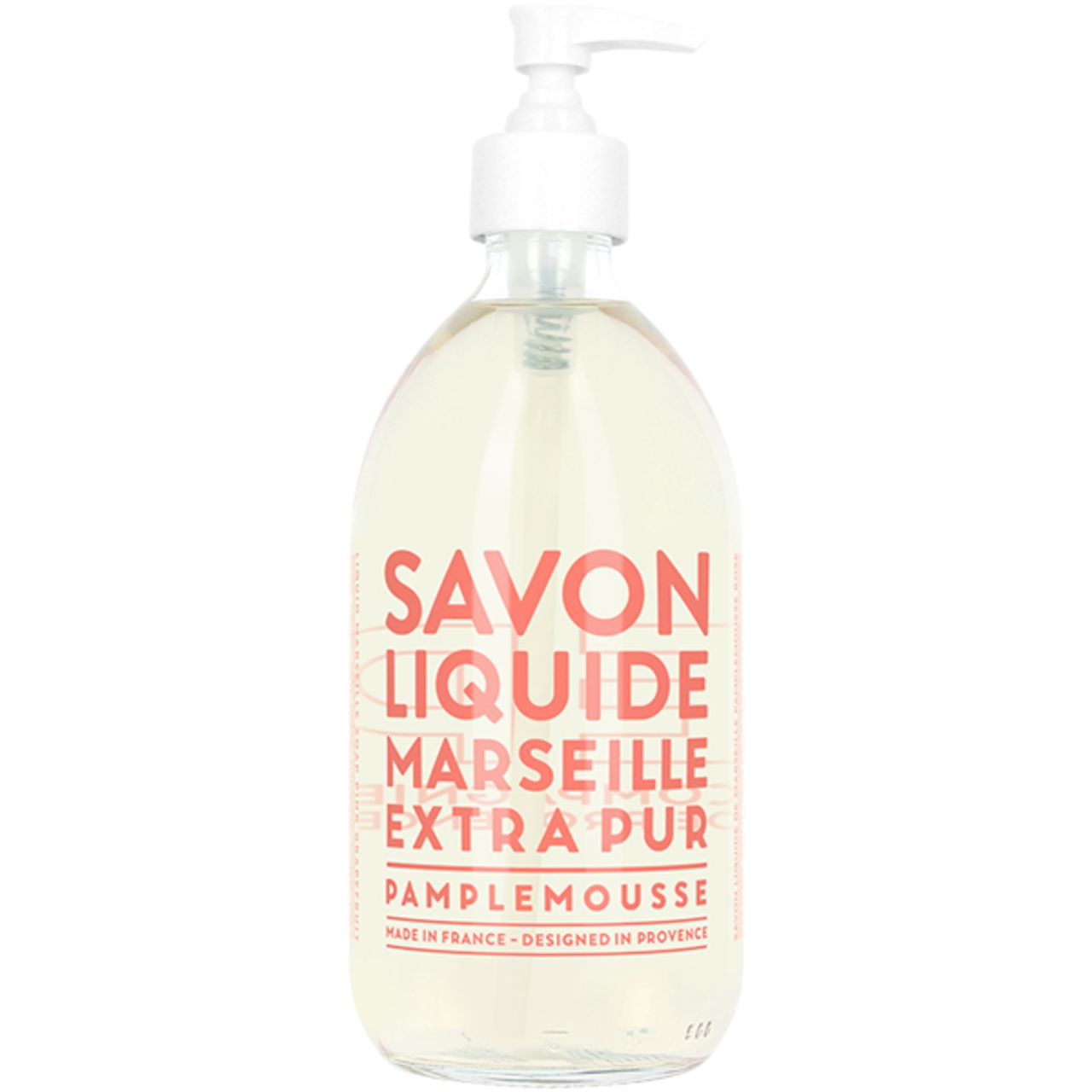 Transparente Flasche mit rosa Aufschrift: Savon Liquide Marseille Extra Pur Pamplemousse. Weißer Pumpkopf.