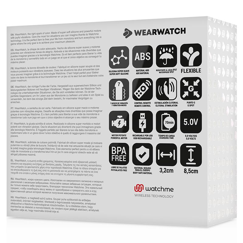 Verpackung mit Produktinformationen. Enthält Icons und Text in verschiedenen Sprachen. Zeigt Produktmerkmale.