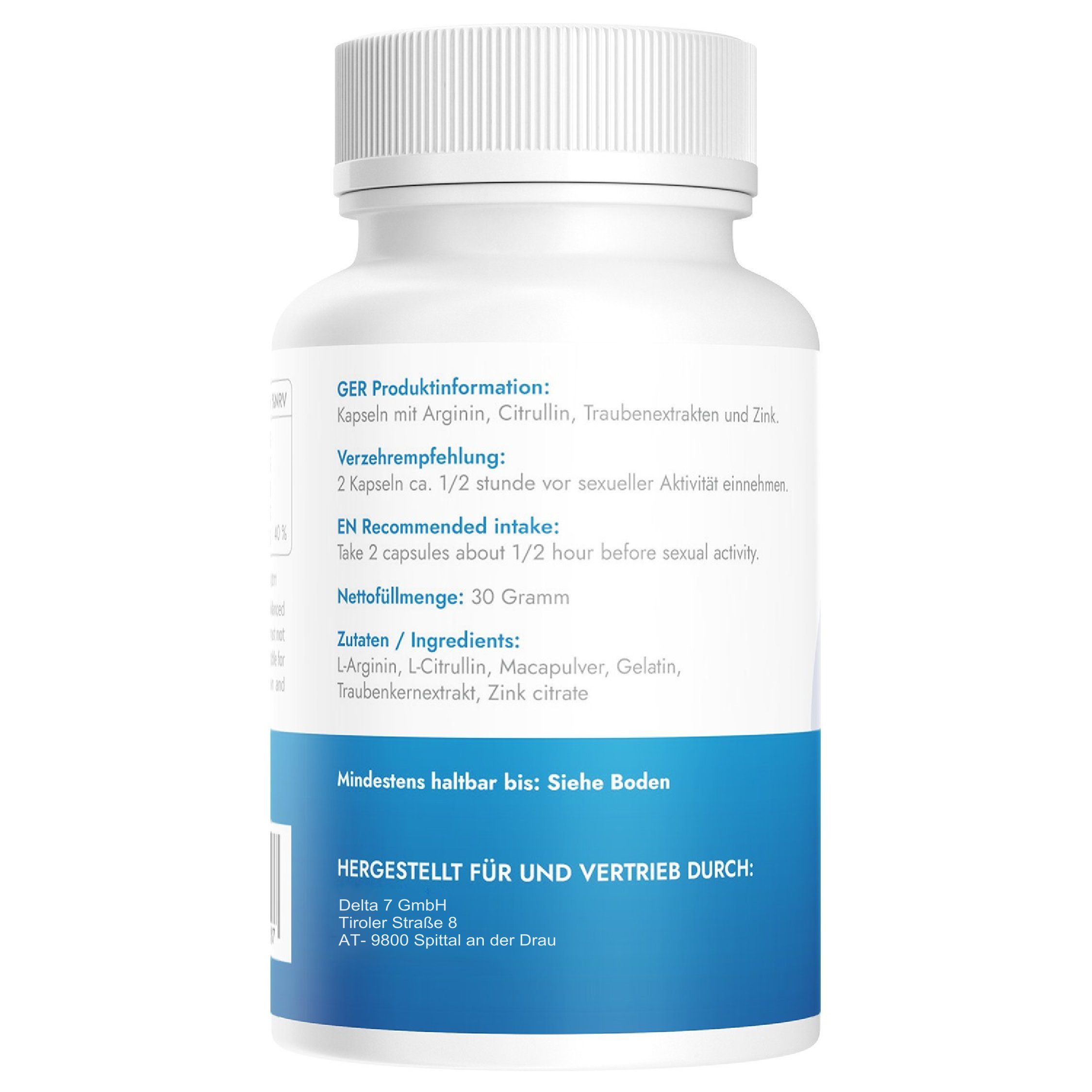 Rückseite der Flasche. Produktinformationen, Verzehrempfehlung, Zutaten. Herstellerinformationen. Text in Deutsch.