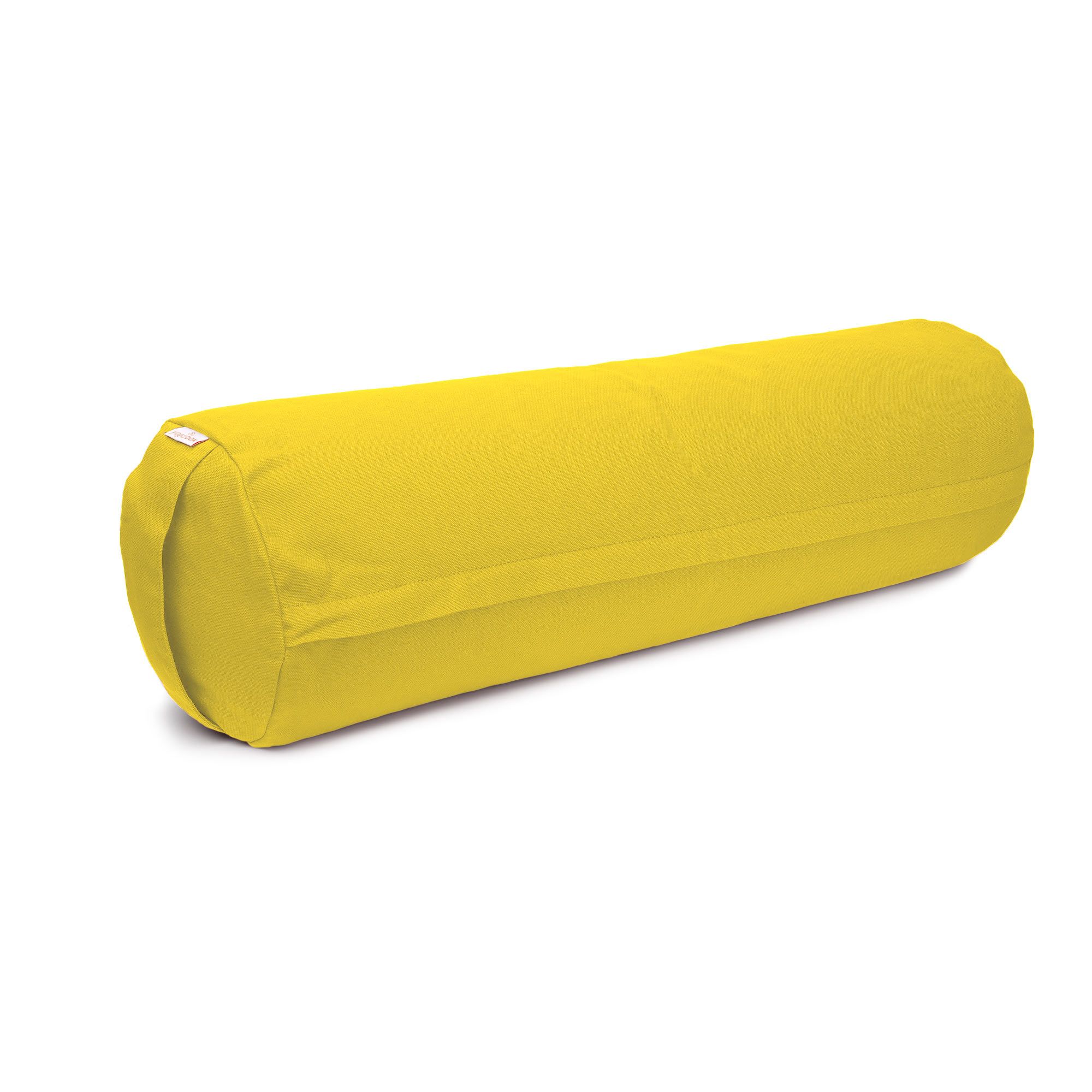 Gelbe Yogarolle aus Stoff mit Trageschlaufen an beiden Enden. Schlichtes Design.