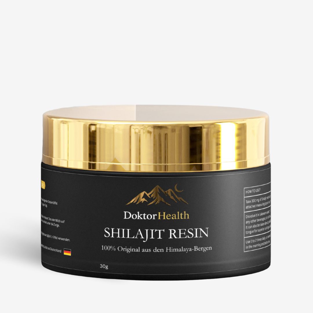 Schwarzes Glas mit goldenem Deckel. Aufschrift: Doktor Health Shilajit Resin. 100% Original aus den Himalaya-Bergen. 30g.