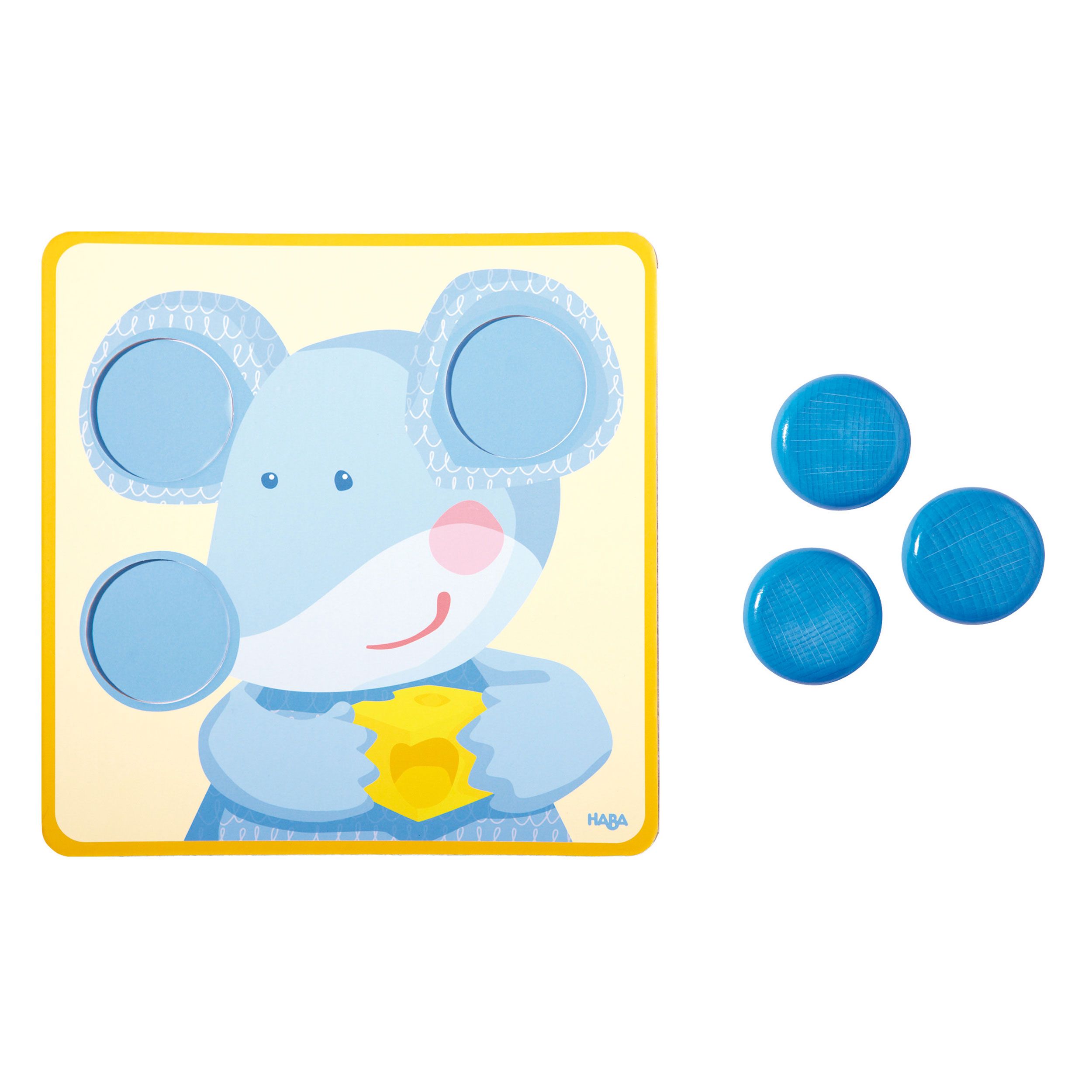 Spielkarte mit Maus-Illustration und drei blauen Kreisen. HABA-Logo.