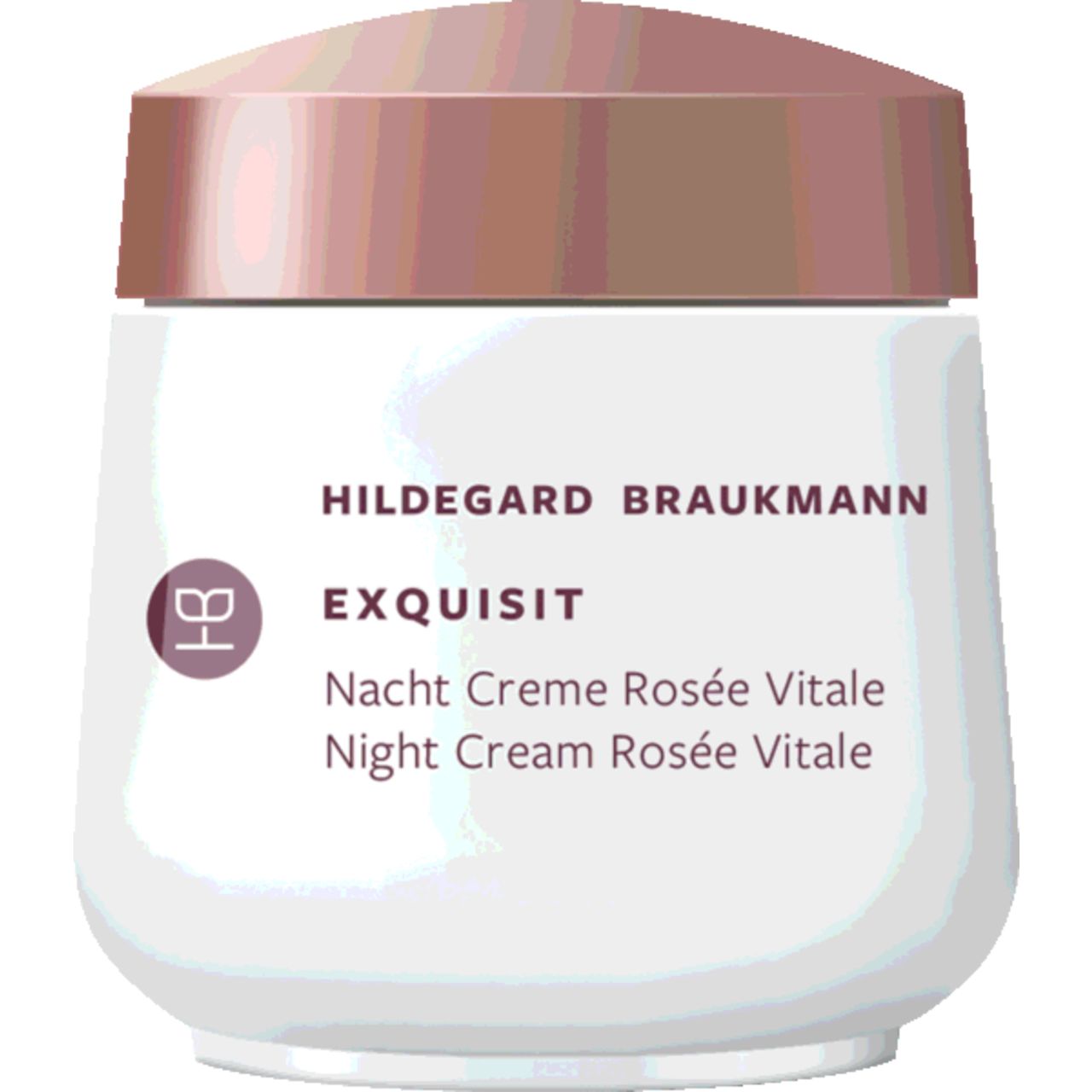 Creme-Glas mit Deckel. Aufschrift: Hildegard Braukmann, Exquisit, Nacht Creme Rosée Vitale, Night Cream Rosée Vitale.