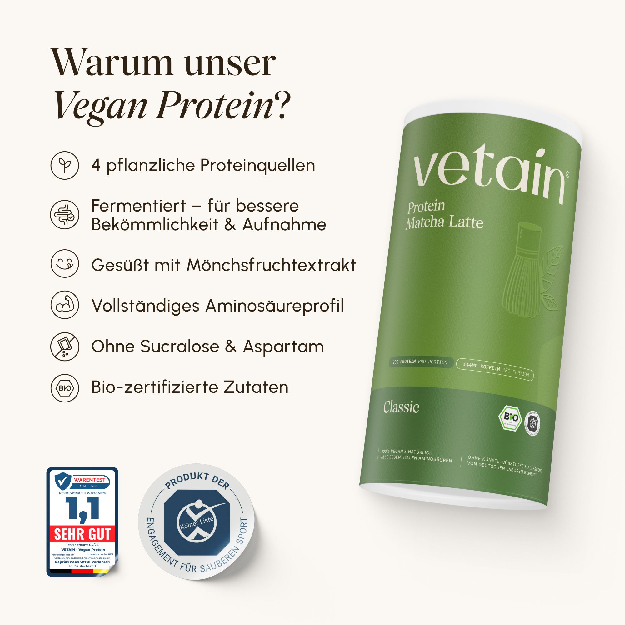 VETAIN Proteinpulver Vegan - Matcha Latte - 19g Eiweiß & 90mg Koffein - Ohne Zuckerzusatz - 100% Bio