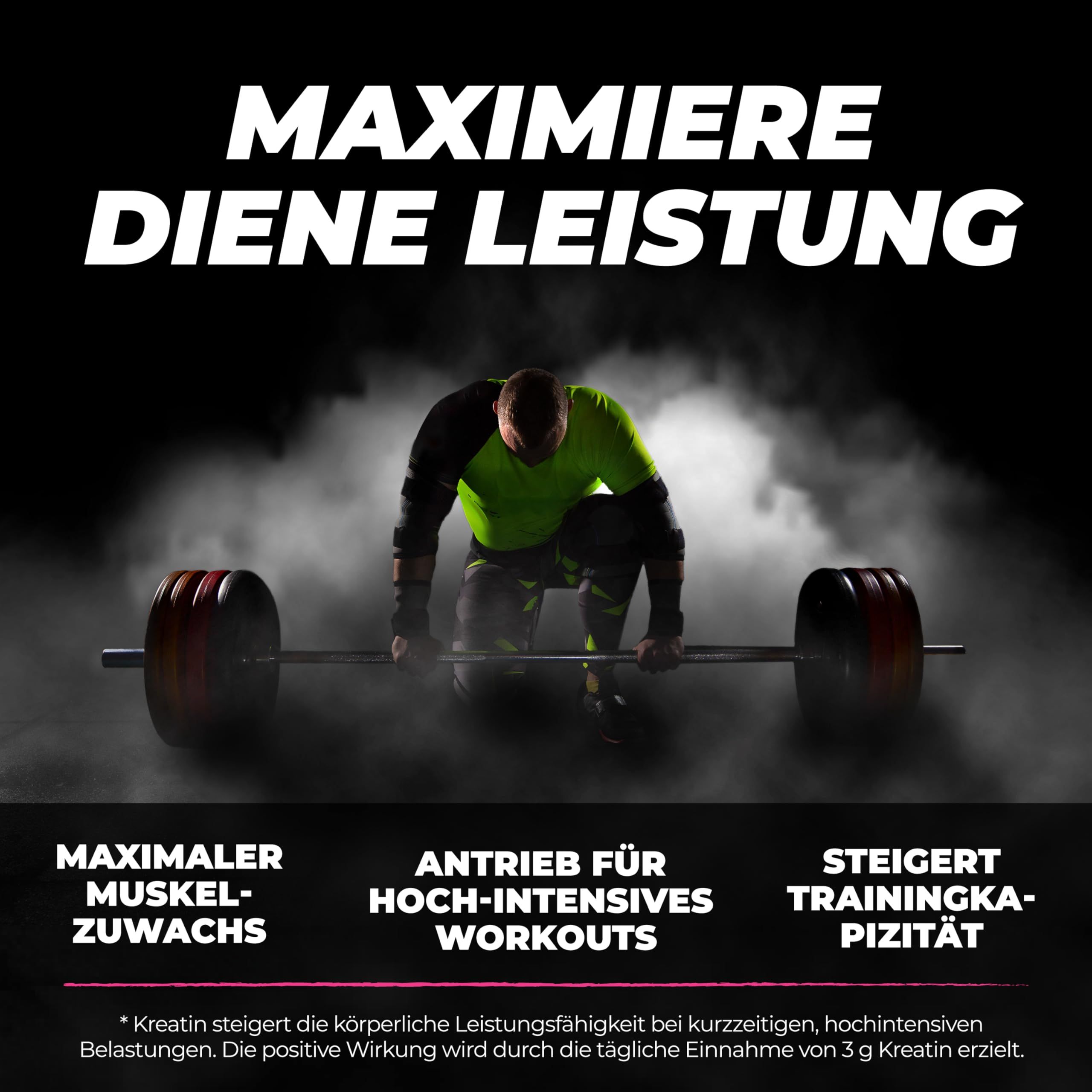 Mann hebt eine Langhantel im Fitnessstudio. "Maximiere deine Leistung" steht oben.