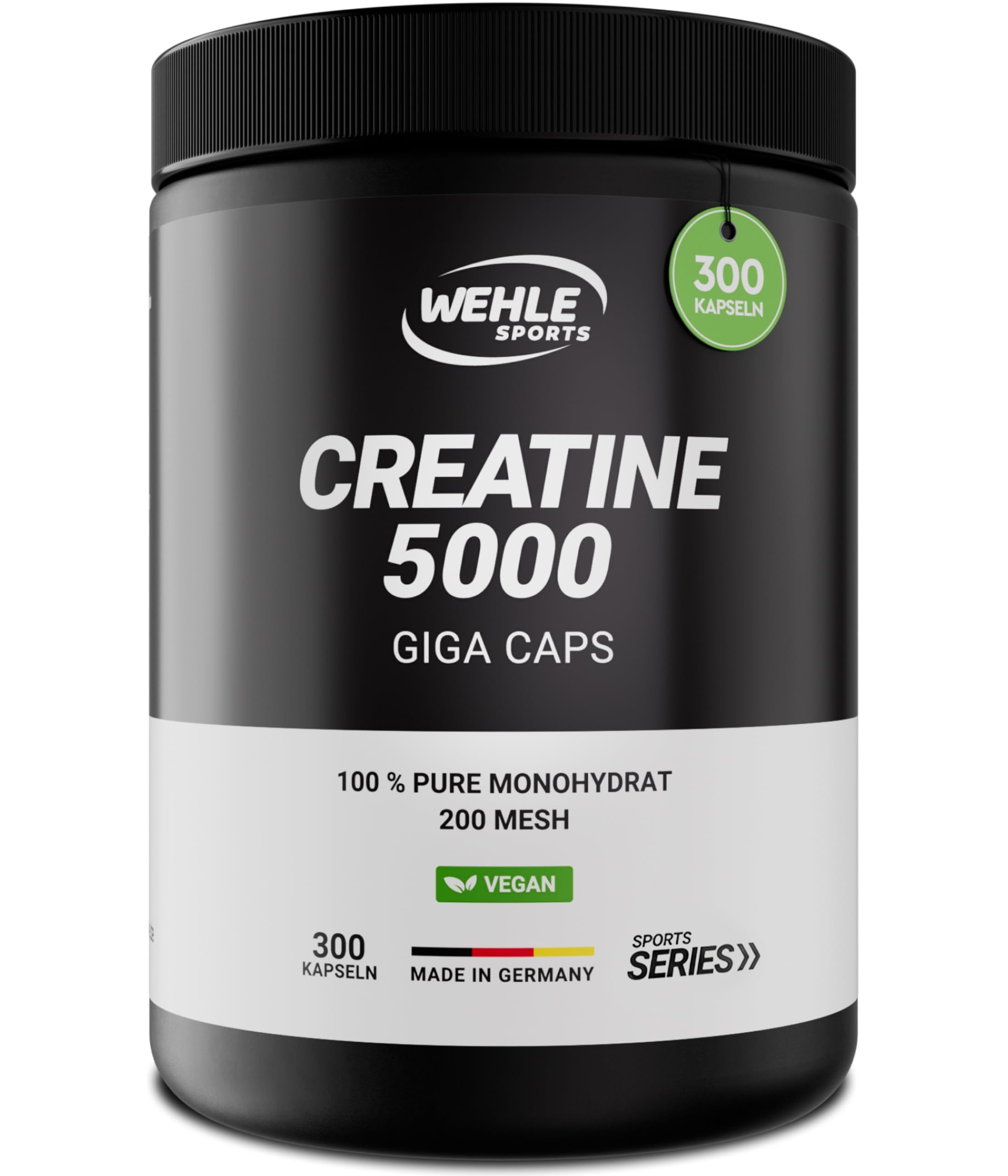 Schwarze Dose mit 'Creatine 5000 GIGA CAPS' von Wehle Sports. 300 Kapseln. Vegan. Made in Germany. Sports Series.