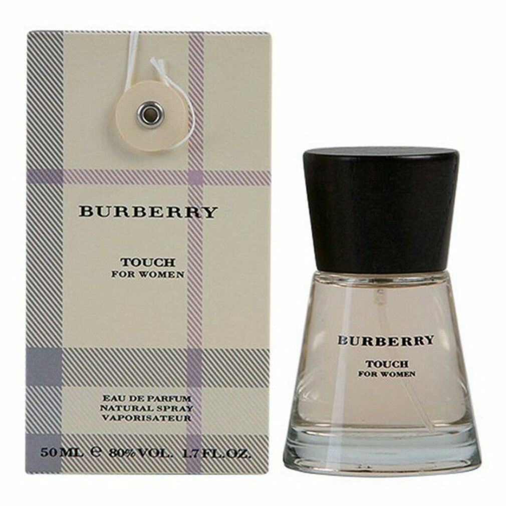 Burberry Touch for Women Eau de Parfum, Flakon und Verpackung. Beige-karierte Verpackung, Flakon mit schwarzem Deckel.