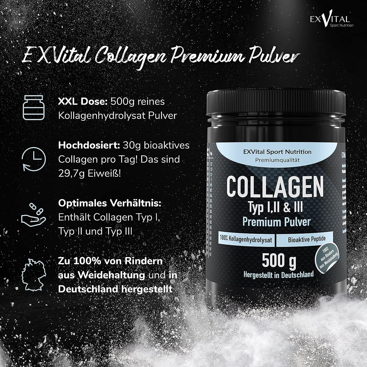 EXVital Collagen Pulver: 500g, aus Weidetieren, Typ I, II & III.