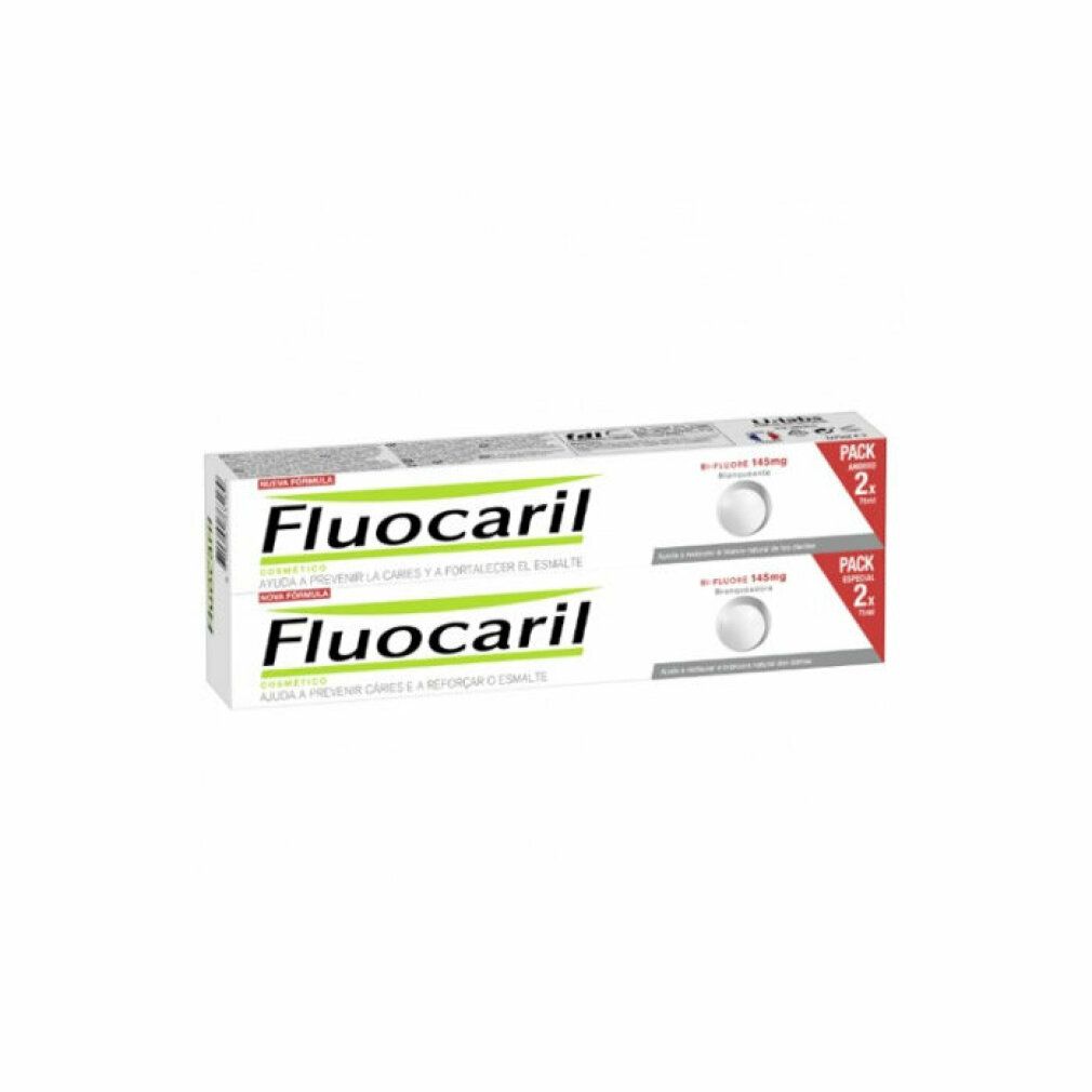 Fluocaril Bi-Fluor Zahnpasta-Packung mit zwei Tuben, Angebot 2x.