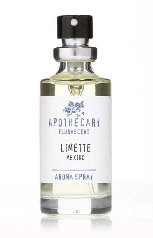 Aromaspray-Flasche mit schwarzem Sprühkopf. Auf dem Etikett steht: Apothecary Florascent Limette Mexiko Aroma Spray.