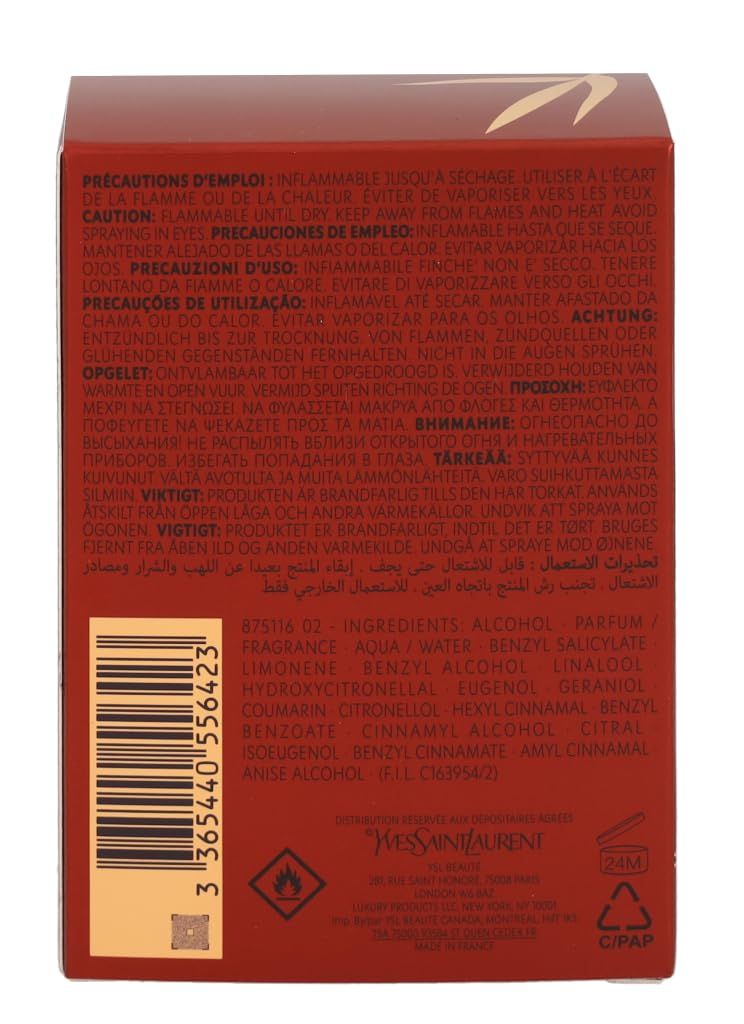 Rote Verpackung mit Text und Warnhinweisen. Aufschrift "Yves Saint Laurent". Barcode und Inhaltsstoffe.