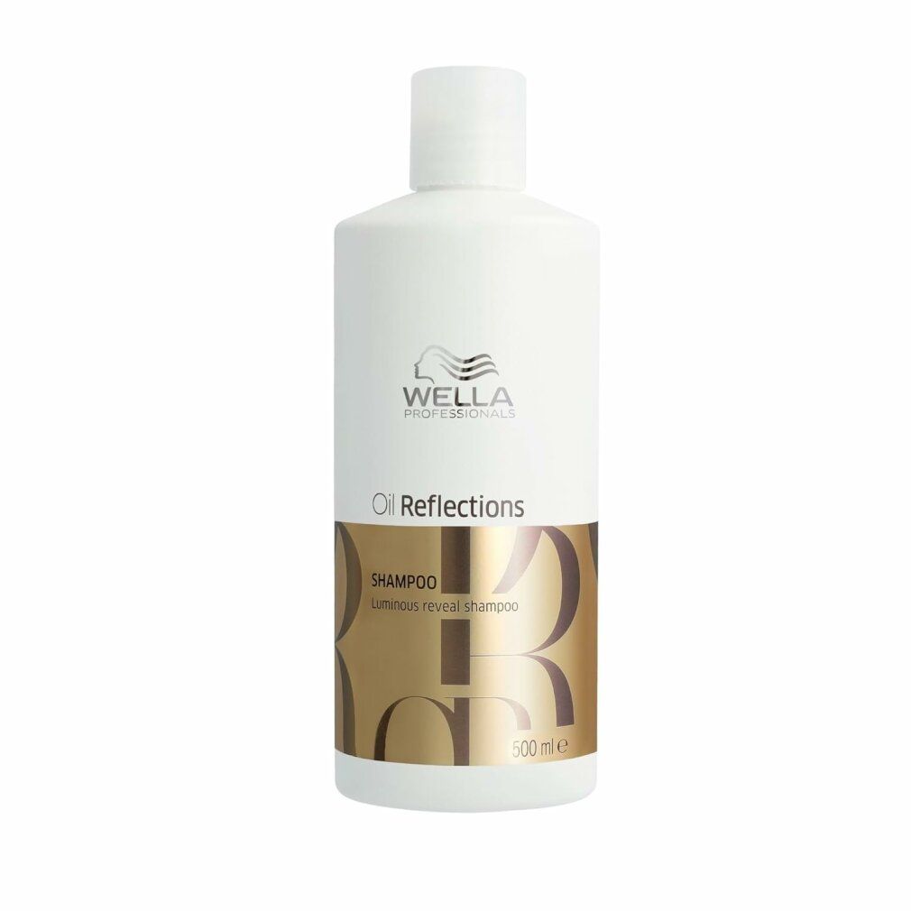 Weiße Shampoo-Flasche mit goldfarbenem Etikett. Aufschrift: Wella, Oil Reflections, Shampoo. 500 ml.