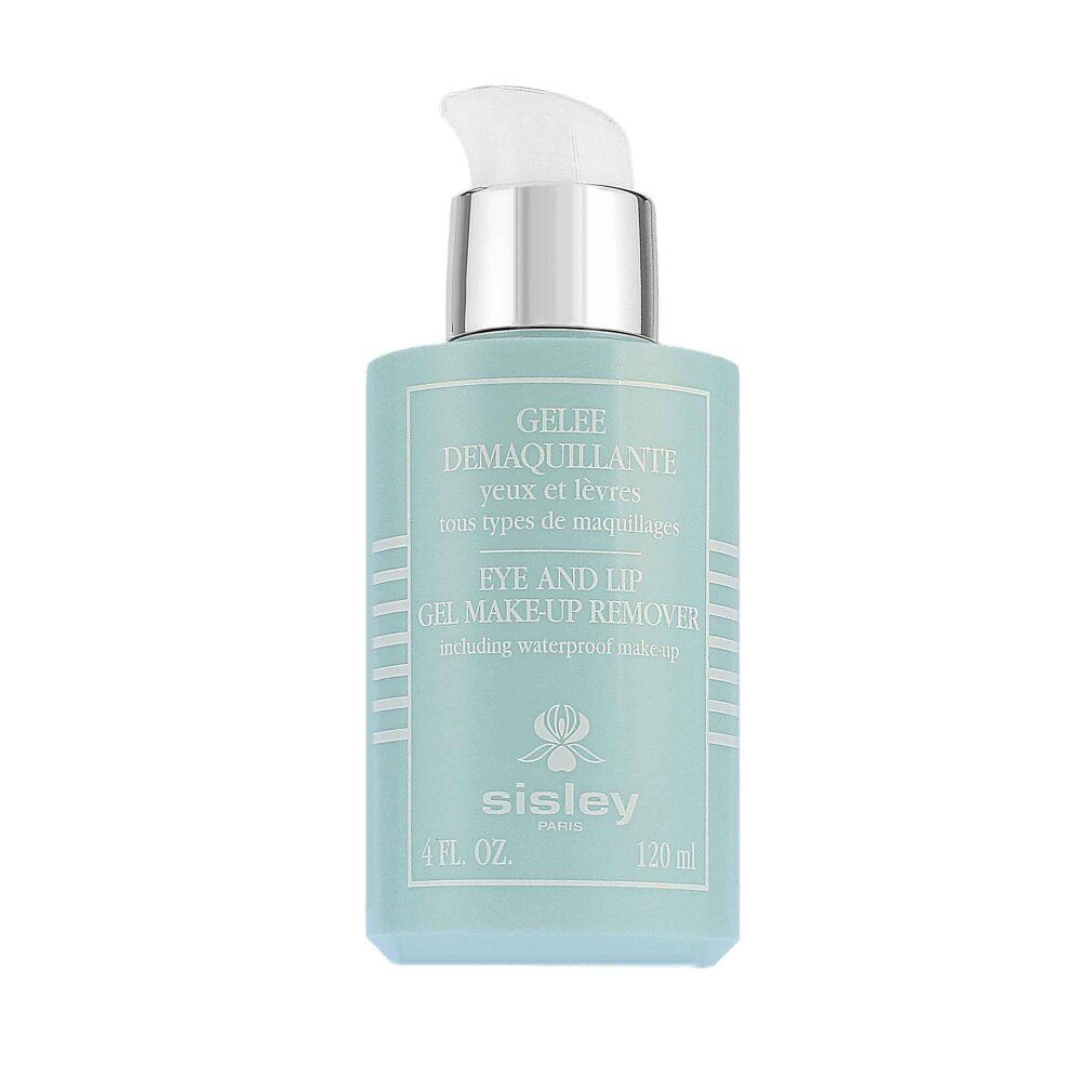 Türkisblaue Flasche mit silbernem Pumpkopf. Aufschrift: Gelee Demaquillante, Eye and Lip Gel Makeup Remover. Marke: Sisley.