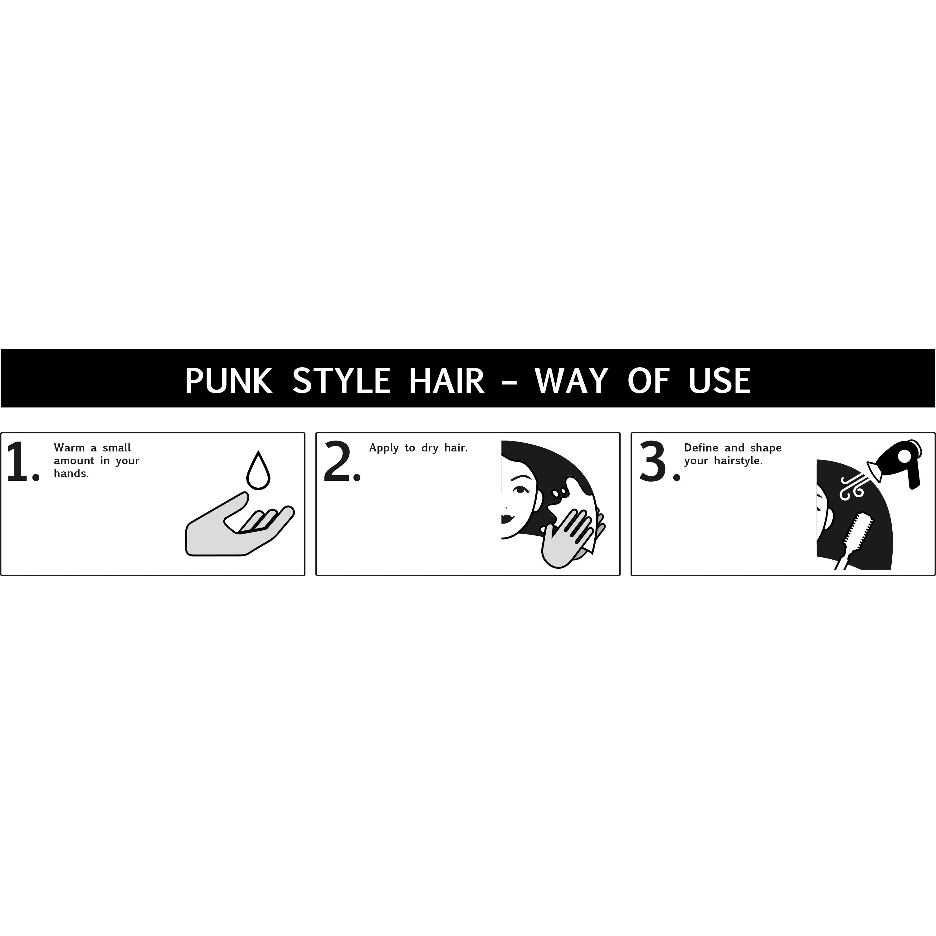 Drei Illustrationen: 1. Gel in Hände. 2. Gel auf trockenes Haar auftragen. 3. Frisur formen. Text: Punk Style Hair.