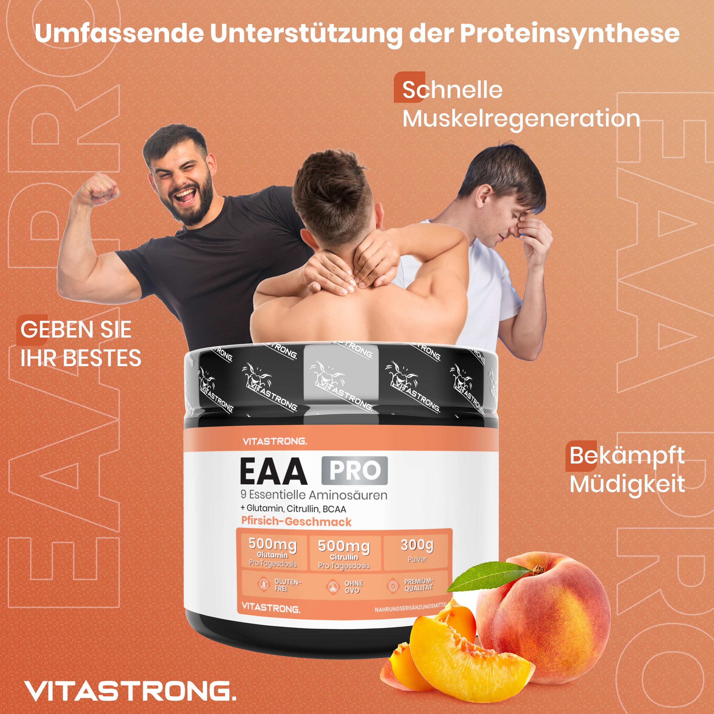 Vitastrong EAA Pro Dose, Pfirsich. 300g. Personen mit Muskelaufbau, Erholung und Ermüdungsbekämpfung. Pfirsiche.