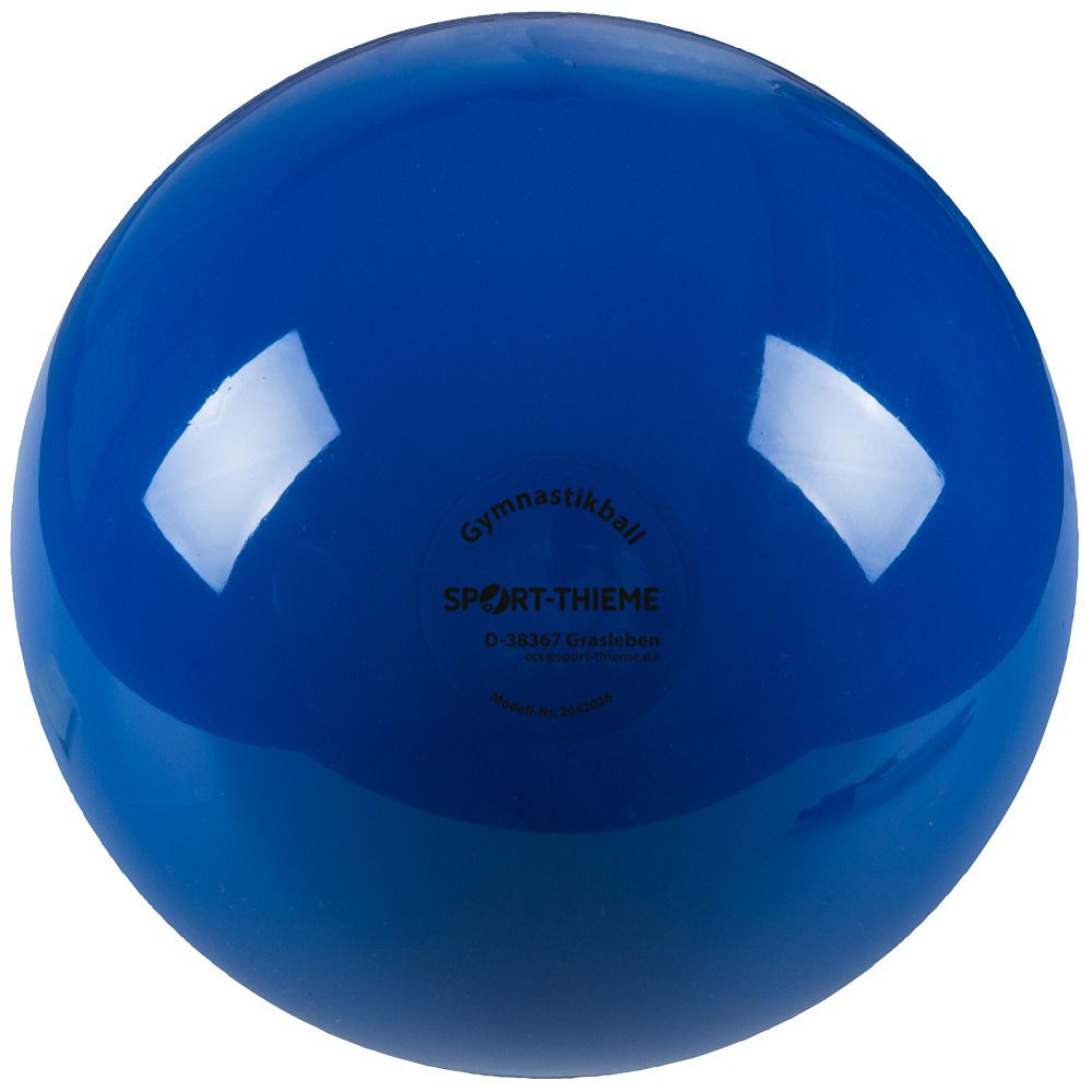 Blauer Gymnastikball. Aufdruck: SPORT-THIEME, Gymnastikball, D-38367 Grasleben. Modell-Nr. 2642036.