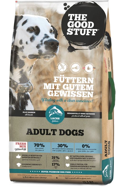 Hundefutterbeutel mit Dalmatiner-Hund. Aufschrift: THE GOOD STUFF, FÜTTERN MIT GUTEM GEWISSEN, ADULT DOGS, Lachs. 12,5 kg.