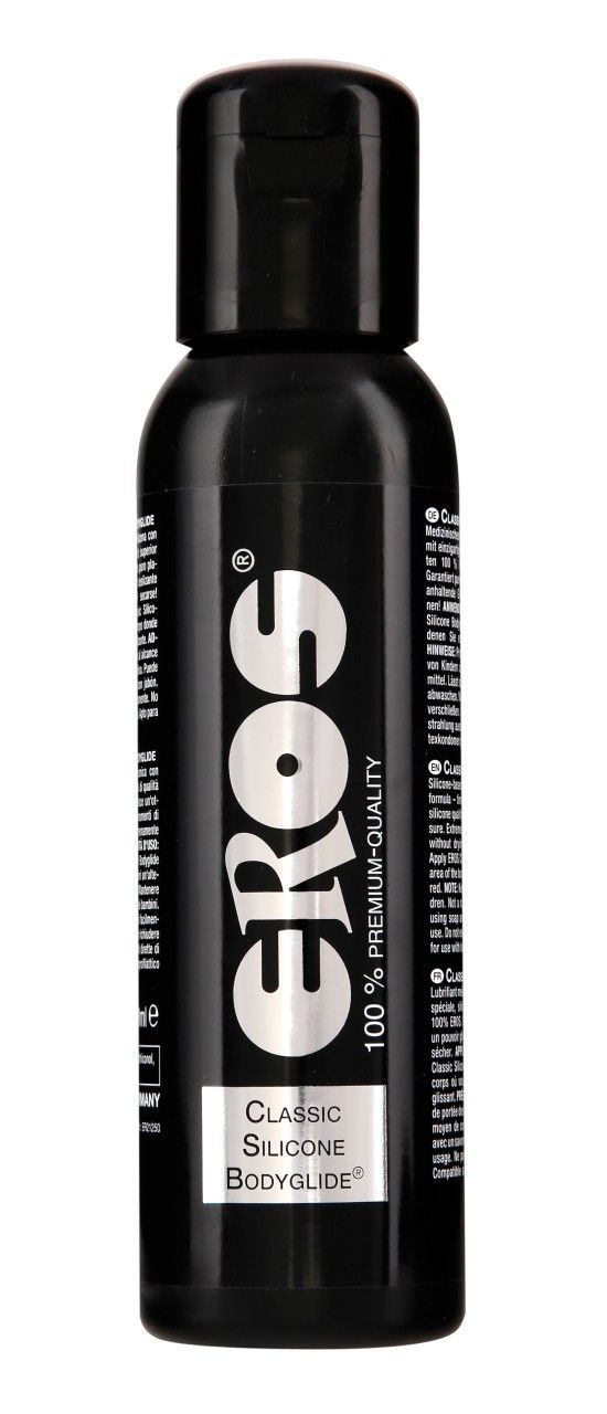 Schwarze Flasche mit schwarzem Deckel. Aufschrift "Eros", "Classic Silicone Bodyglide".