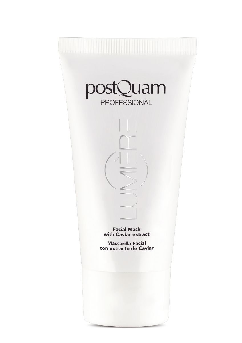 Weiße Tube mit Produkttext. Aufschrift: Postquam Professional, Lumière, Facial Mask with Caviar extract, Mascarilla Facial con extracto de Caviar.
