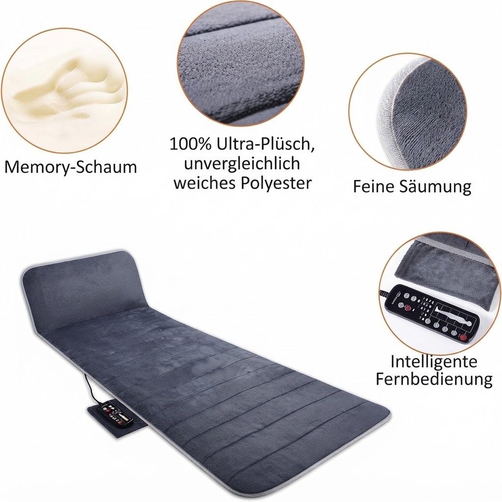 Graue Massagematte mit Memory-Schaum, ultra-weichem Polyester und Fernbedienung.