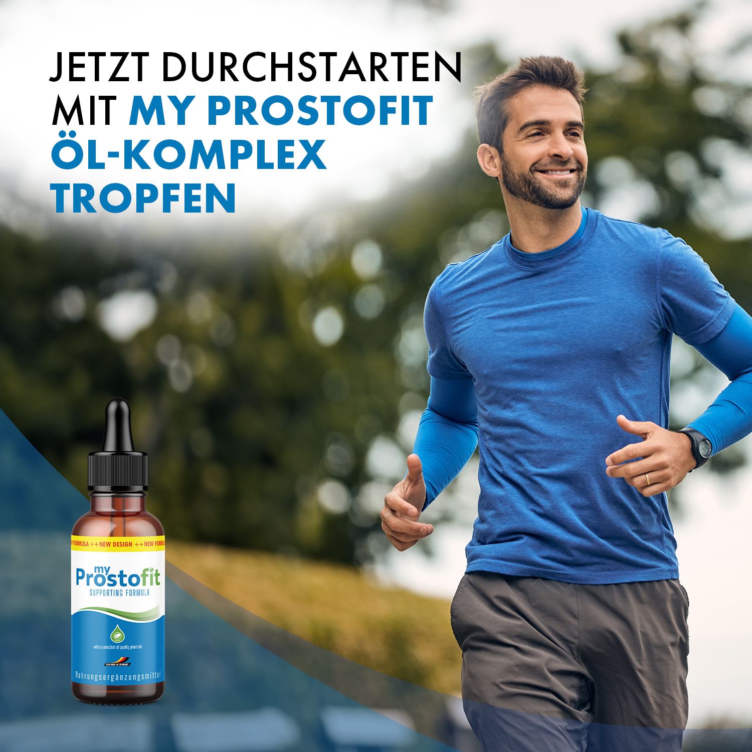 Mann joggt. Neben ihm steht eine braune Flasche mit schwarzem Tropfer und blauem Etikett. Aufschrift: Prostofit.