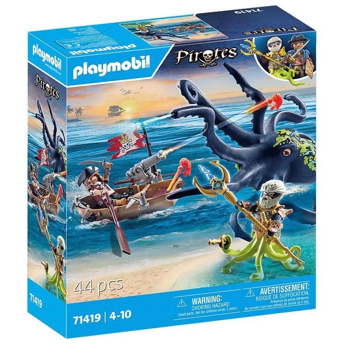 Set di gioco Playmobil 71419 a tema pirati. La confezione mostra una scena con pirati, un polpo e una barca. Contiene 44 pezzi. Adatto a bambini dai 4 ai 10 anni. Il logo Playmobil è ben visibile.