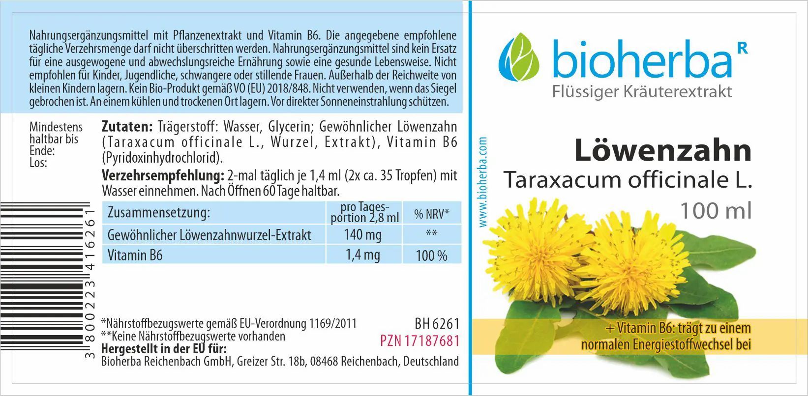 Etikett mit Produktnamen, Logo und Illustration von Löwenzahnblüten. Text in deutscher Sprache.