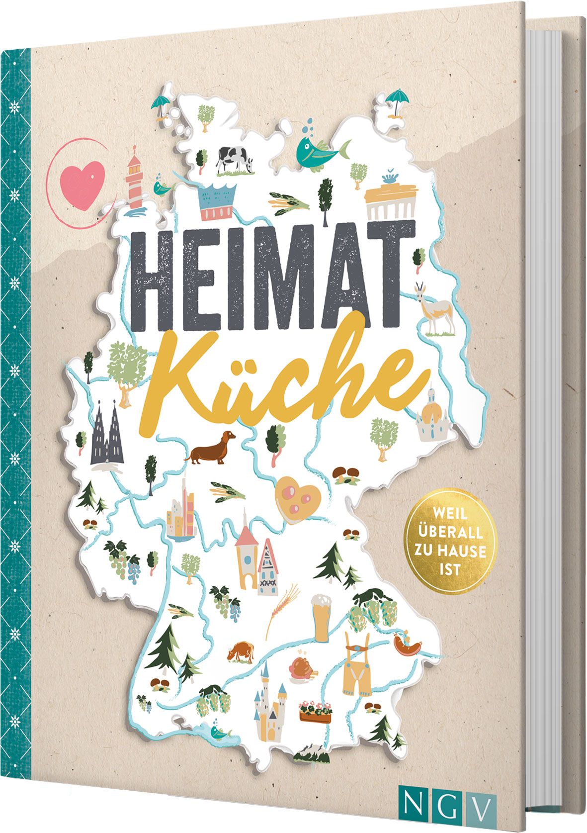 Buch mit dem Titel "Heimatküche". Auf dem Cover ist eine Deutschlandkarte mit Illustrationen abgebildet. NGV-Logo unten.