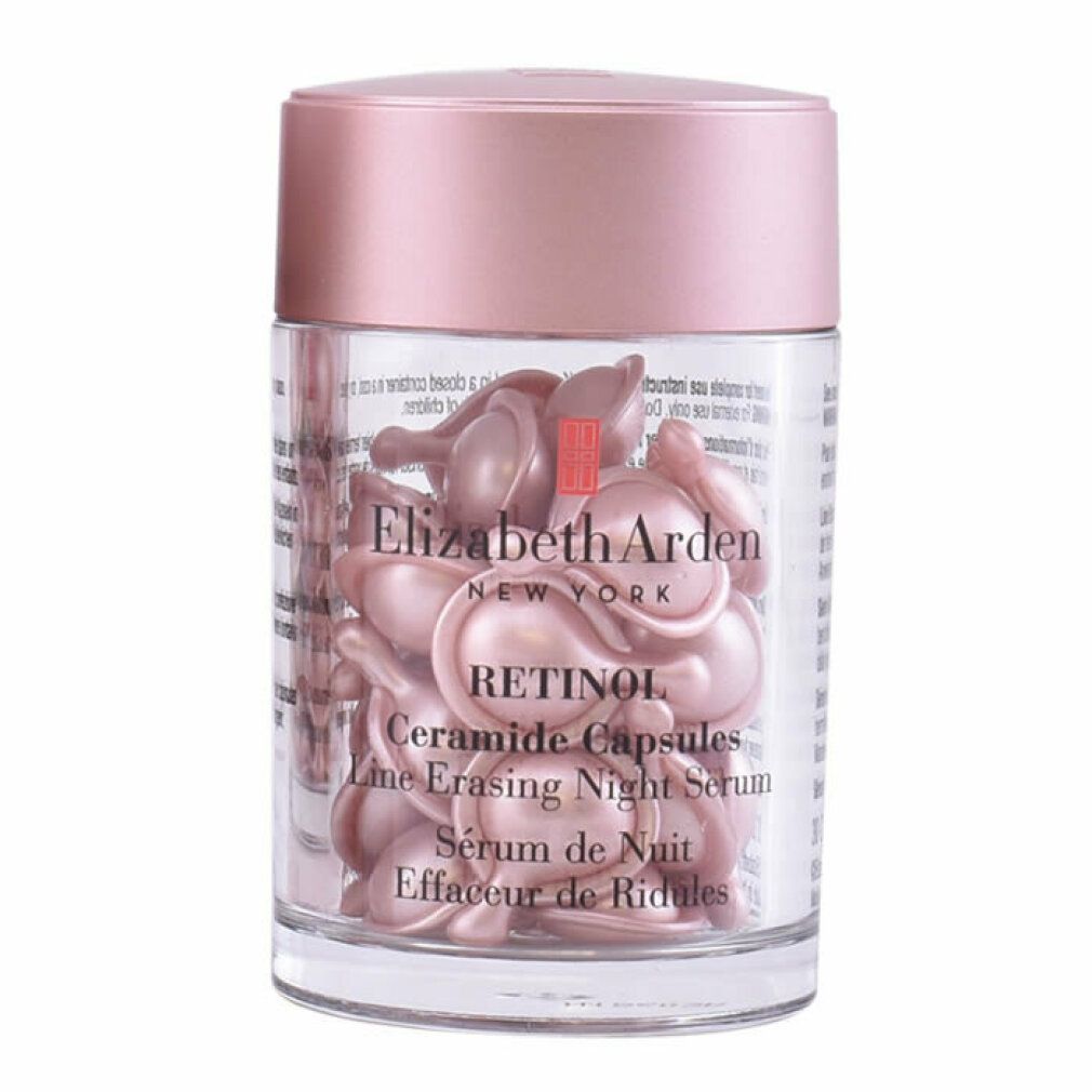 Behälter mit rosa Kapseln. Aufschrift: Elizabeth Arden, Retinol Ceramide Capsules, Line Erasing Night Serum.