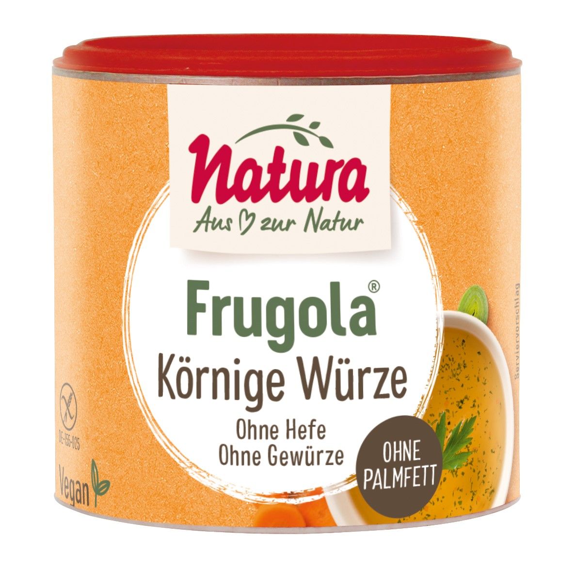 Dose Natura Frugola Körnige Würze ohne Hefe. Orangefarbene Dose mit rotem Deckel. Aufschrift: Ohne Hefe, Ohne Gewürze, Ohne Palmfett.
