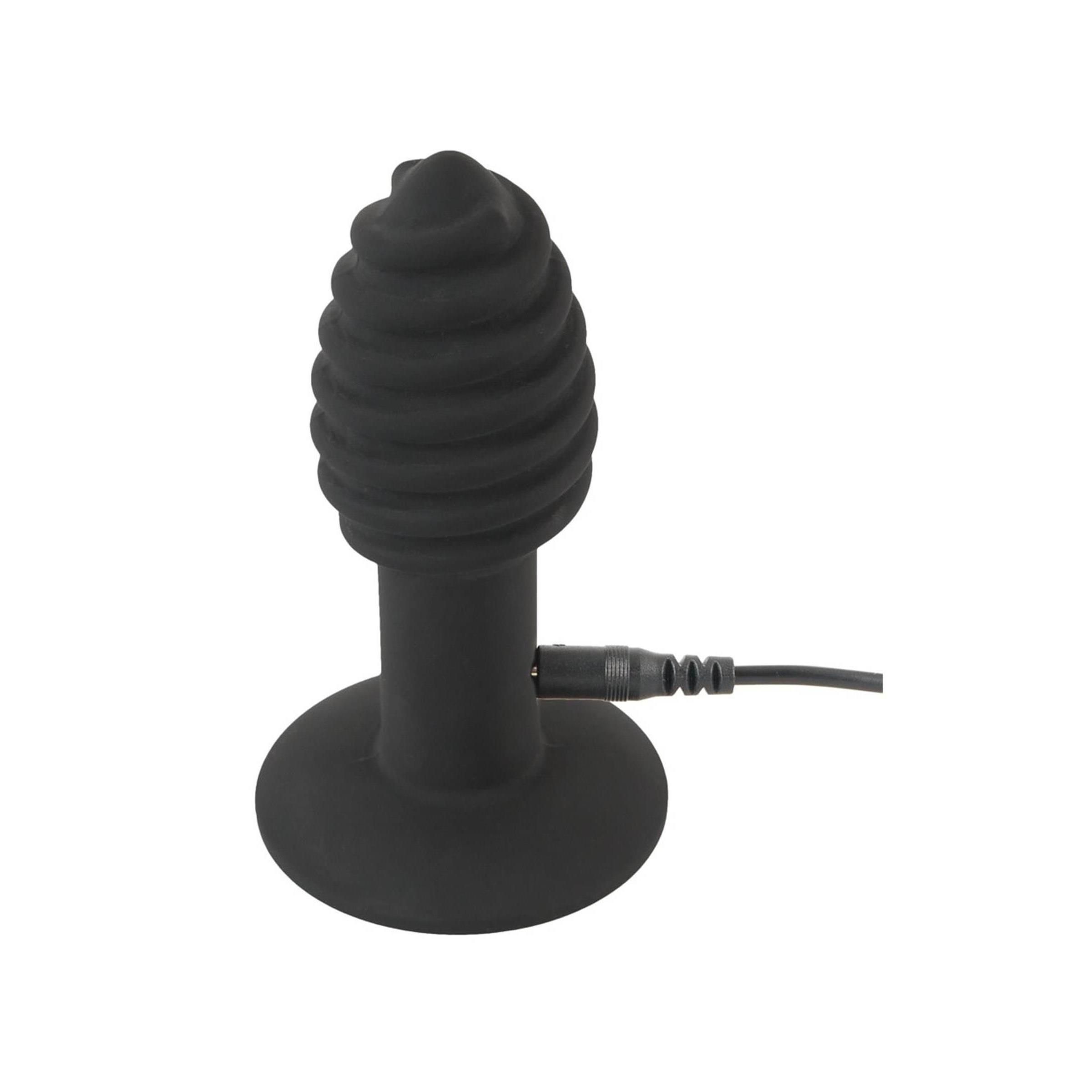 Schwarzer Analplug mit spiralförmigem Design. Mit Ladekabel. Basis und Schaft sind zylindrisch, der Kopf ist konisch geformt.