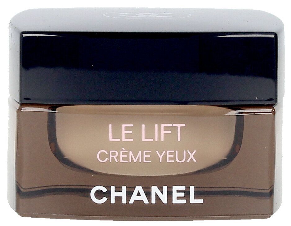 Braune Creme-Dose mit schwarzem Deckel. Aufschrift: LE LIFT CRÈME YEUX und CHANEL.