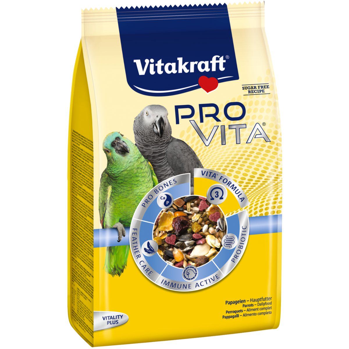 Gelbe Tüte mit Papageienfutter. Aufdruck: Vitakraft Pro Vita, Papageien, Vita Formula, Pro Bones, Feather Care, Immune Active.