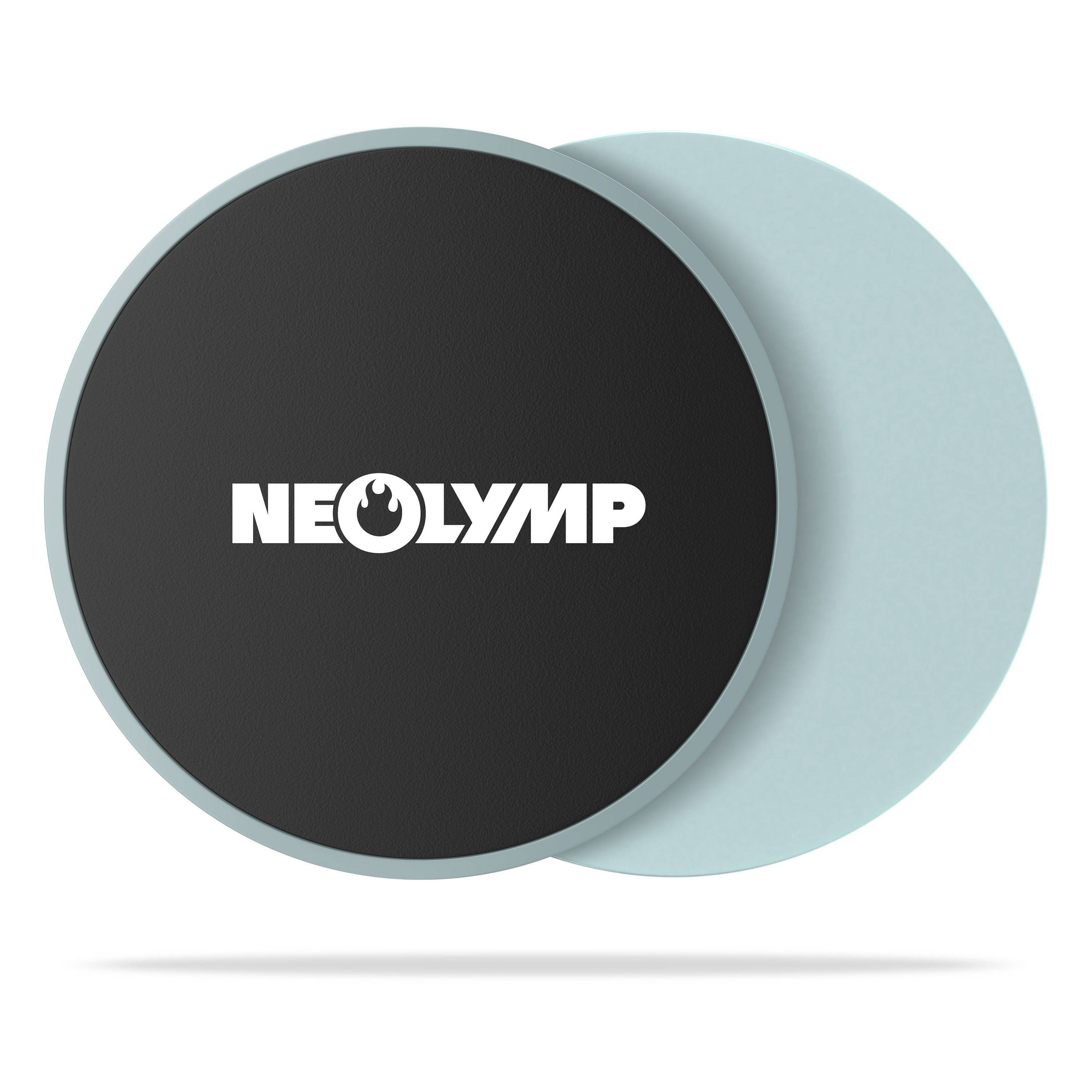 Zwei runde NEOLYMP Pilates Slider, eine Seite schwarz mit Logo, die andere hellblau.
