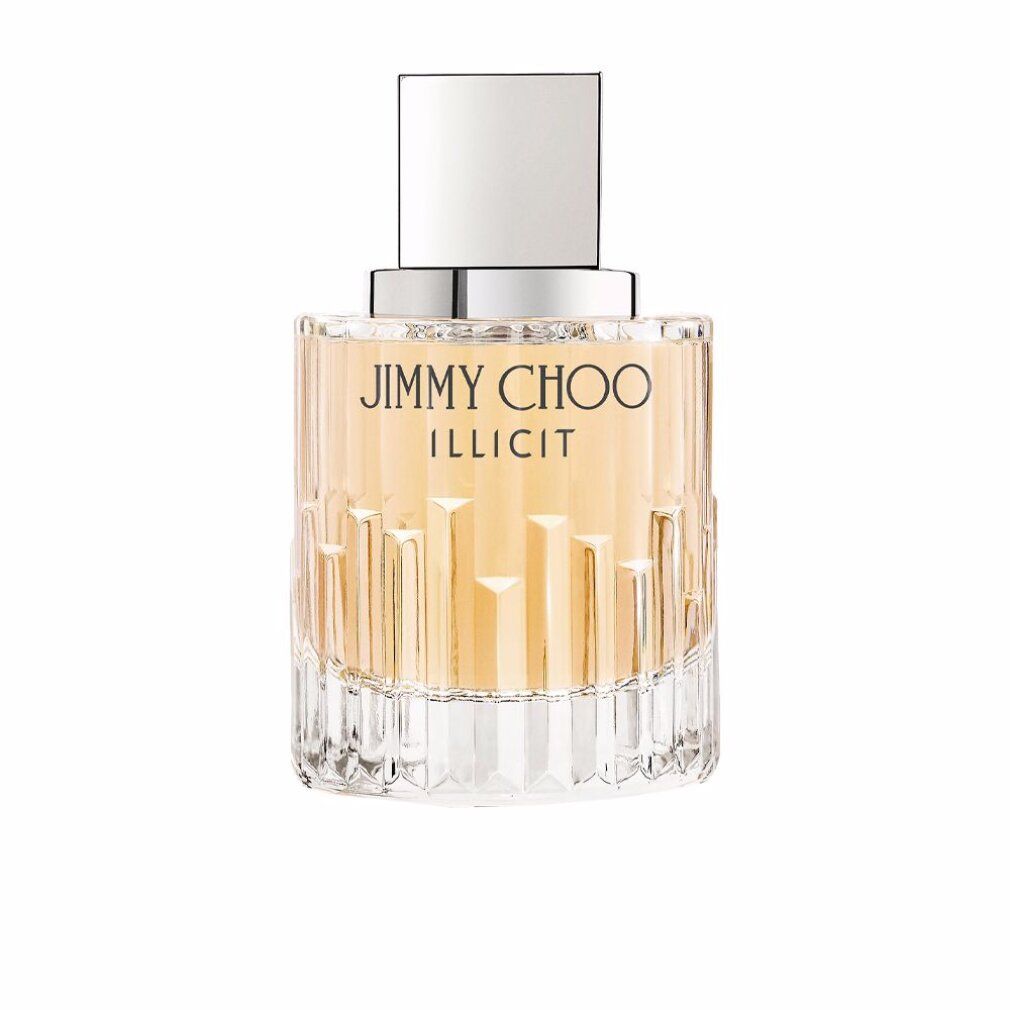 Parfümflakon mit silbernem Deckel. Aufschrift: JIMMY CHOO ILLICIT. Klarer Glasflakon mit geriffelter Oberfläche.