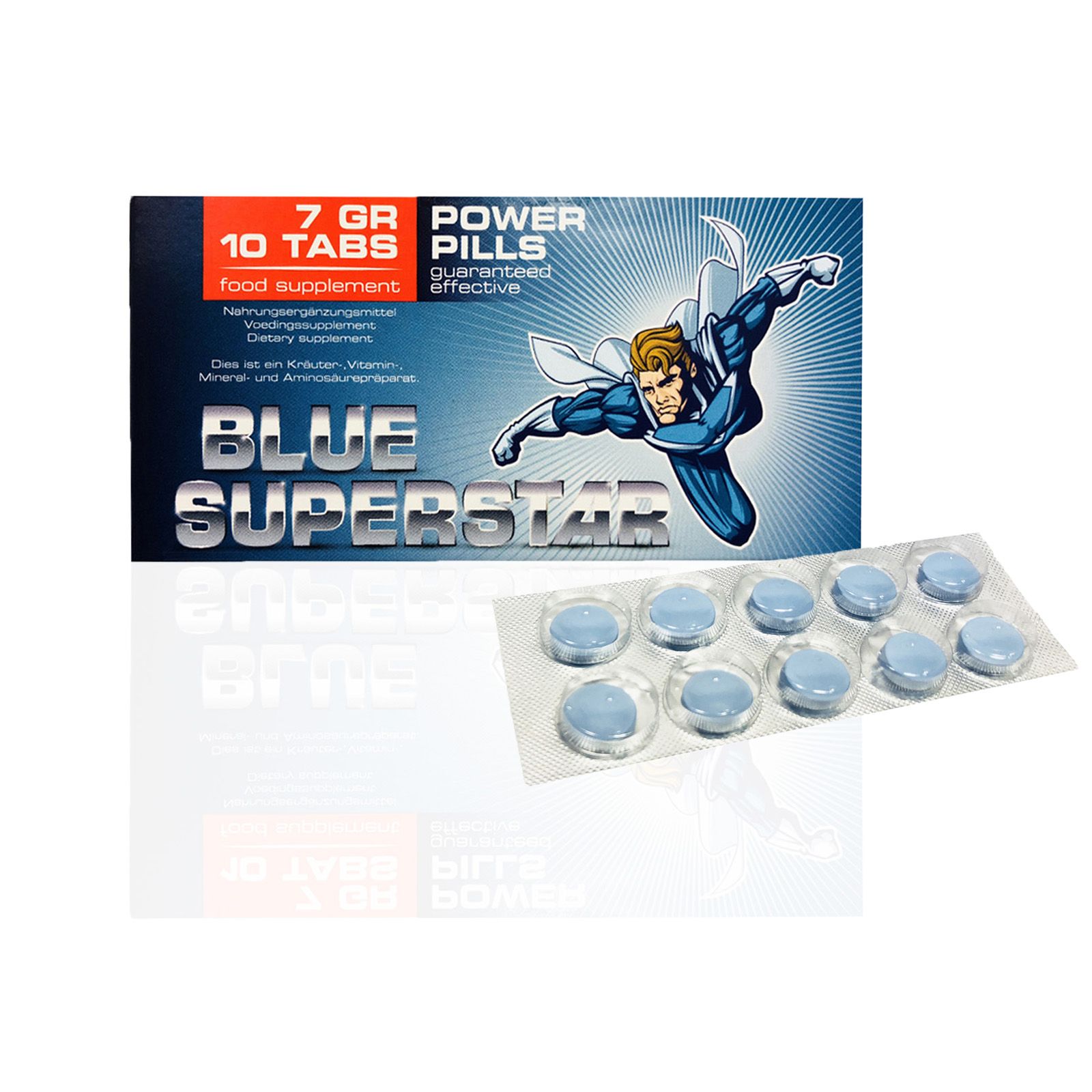 Scatola e blister con compresse blu. Scritta: Blue Superstar, 10 compresse, 7 gr, Power Pills.