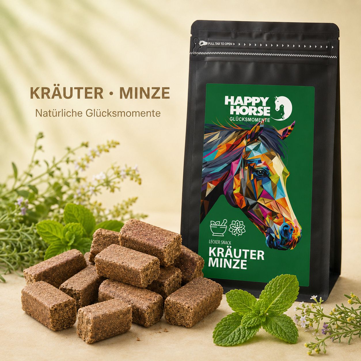 Happy Horse Lecker Snack Kräuter Minze mit vielen Snacks und frischer Minze.